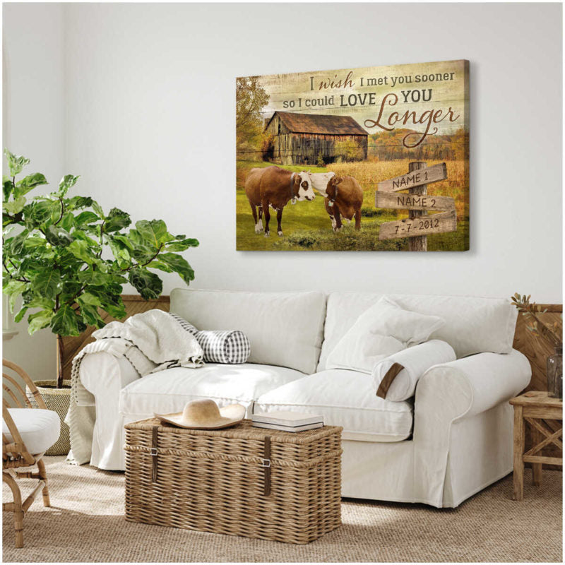 Custom Canvas Poster Prints Personalized Gifts Wedding Anniversary Gifts I wish I met you sooner so I could love you longer Old Farm and Couple Kissing Cows Wall Art Decor Mostsuit