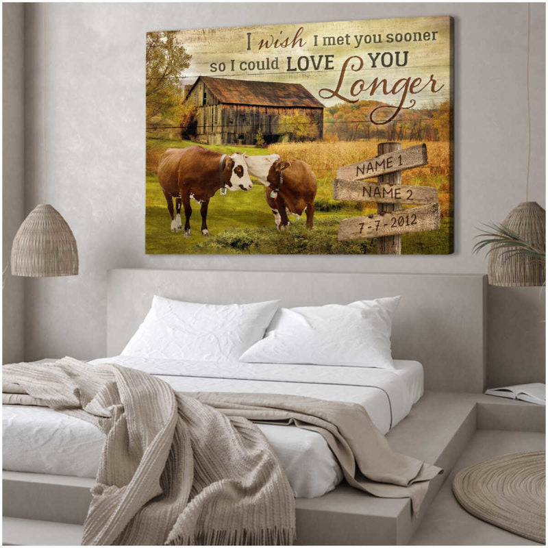 Custom Canvas Poster Prints Personalized Gifts Wedding Anniversary Gifts I wish I met you sooner so I could love you longer Old Farm and Couple Kissing Cows Wall Art Decor Mostsuit