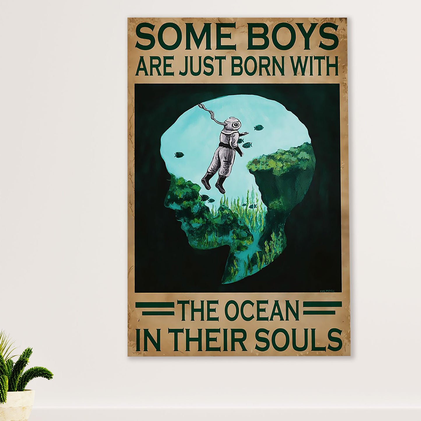 Scuba Diving Poster Prints | Boys Born With The Ocean | Wall Art Gift for Scuba Diver