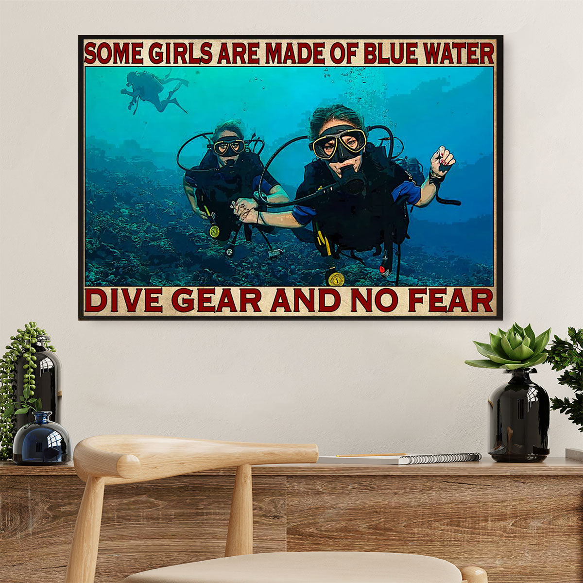 Scuba Diving Canvas Wall Art Prints | Girls Made Of Blue Water | Home Décor Gift for Scuba Diver
