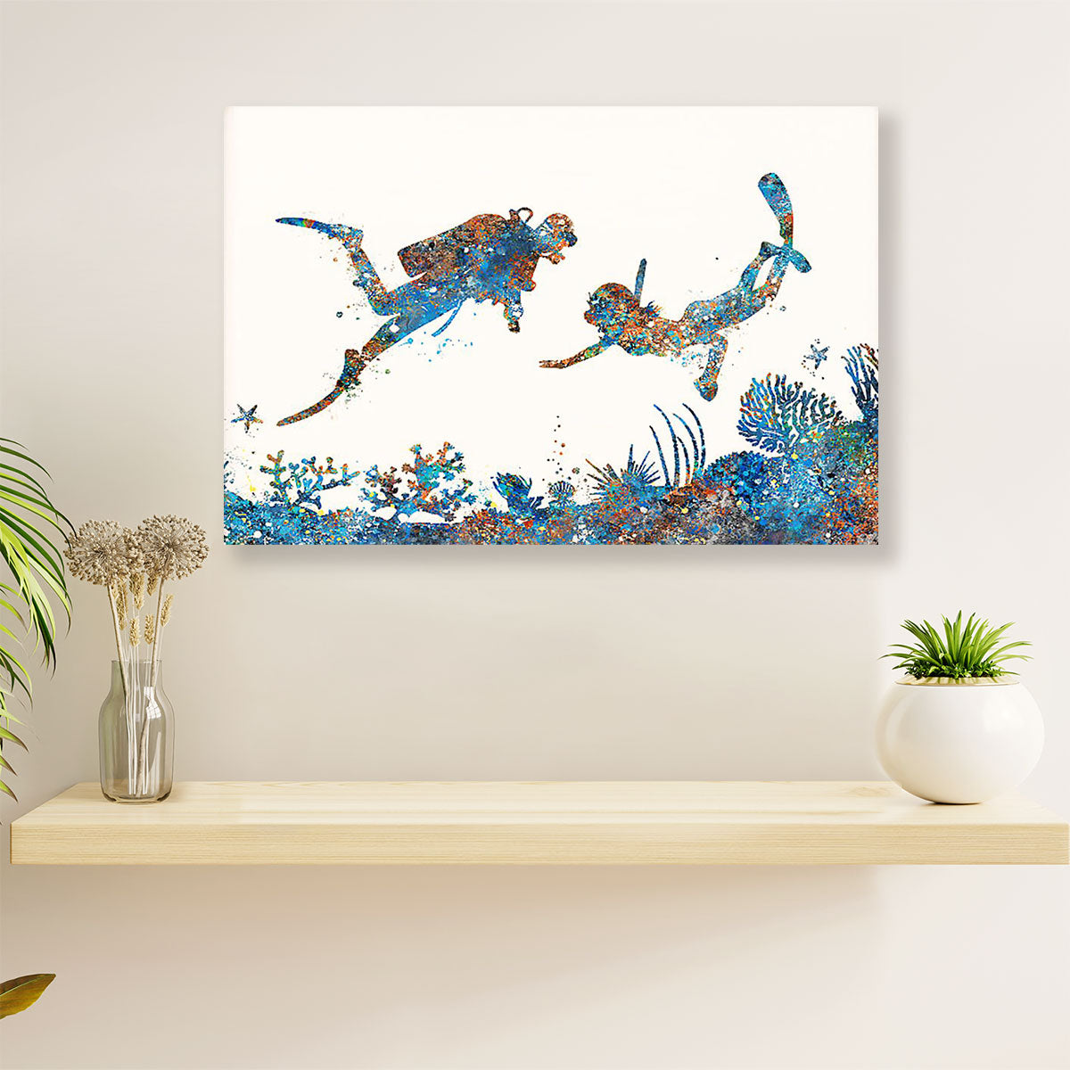 Scuba Diving Poster Prints | Couple Watercolor Painting | Wall Art Gift for Scuba Diver