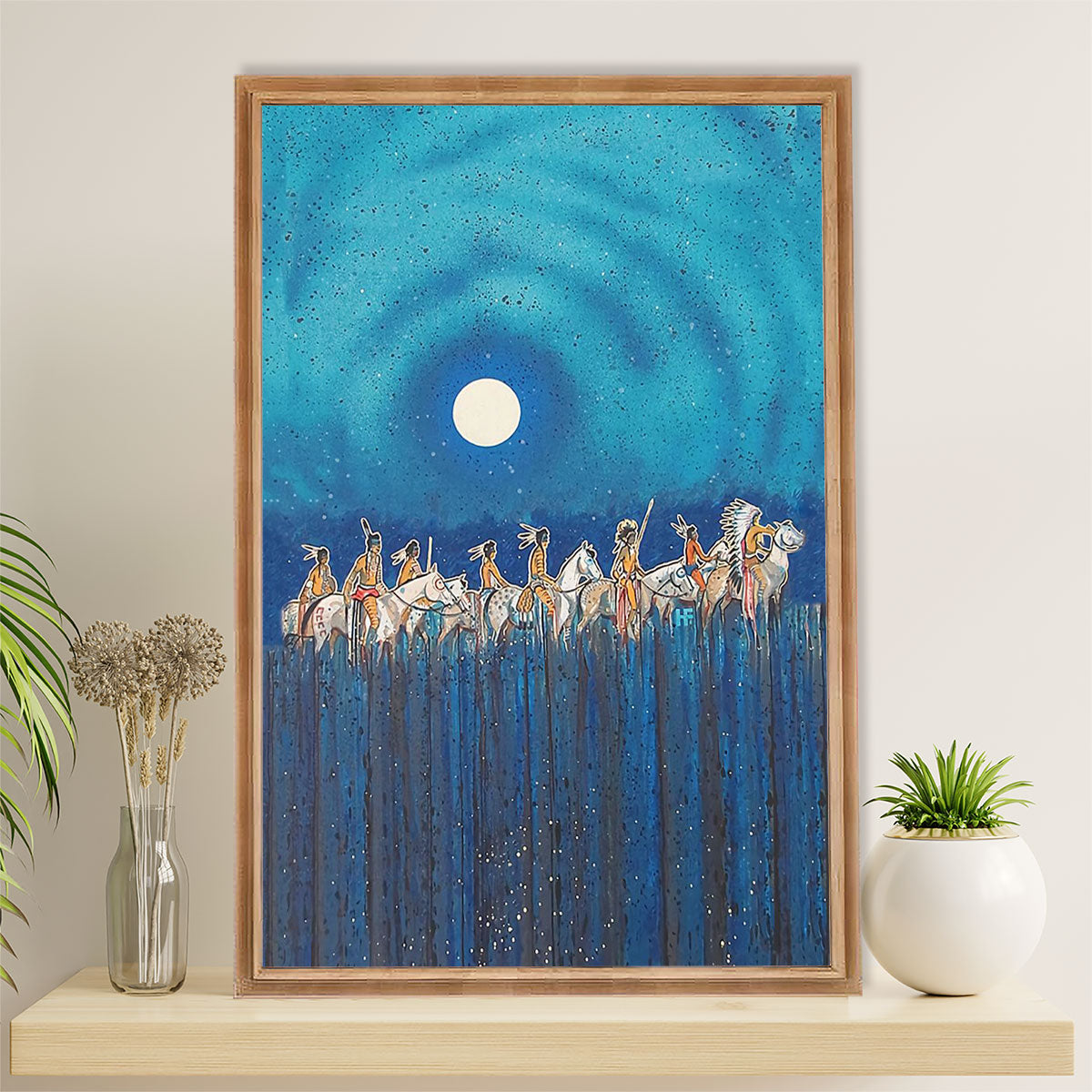 Native American Tribe Poster Prints | Riding Horse At Night | Wall Art Gift for American Indians
