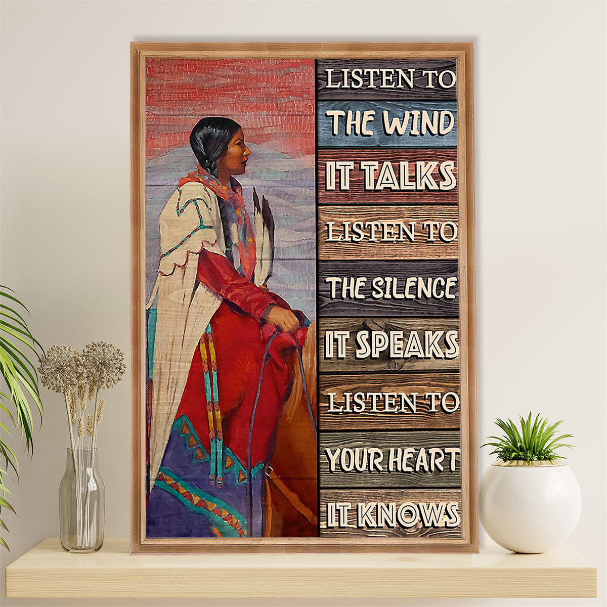 Native American Tribe Canvas Wall Art Prints | Listen To The Wind | Gift for American Indians