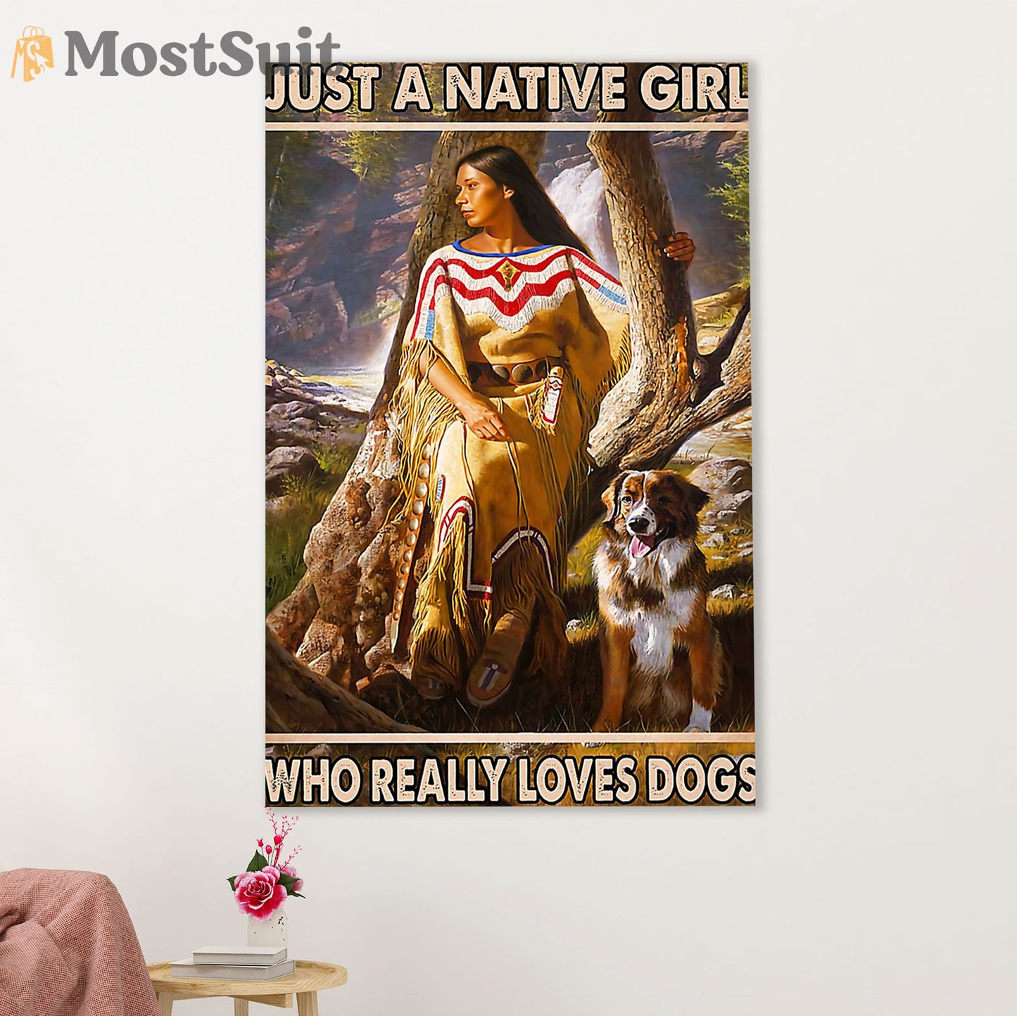 Native American Tribe Poster Prints | Native Girl Loves Dogs | Wall Art Gift for American Indians