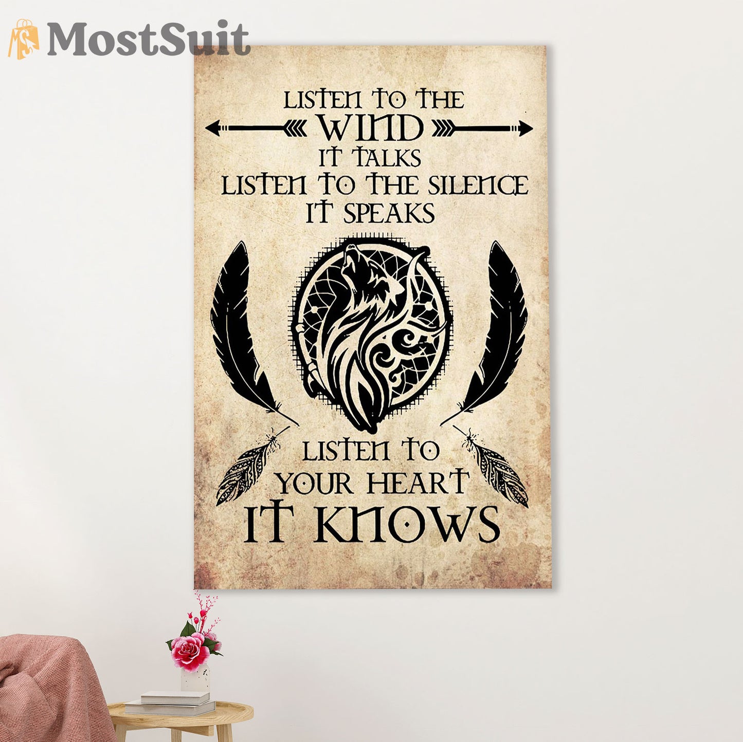 Native American Tribe Poster Prints | Listen To The Wind | Wall Art Gift for American Indians