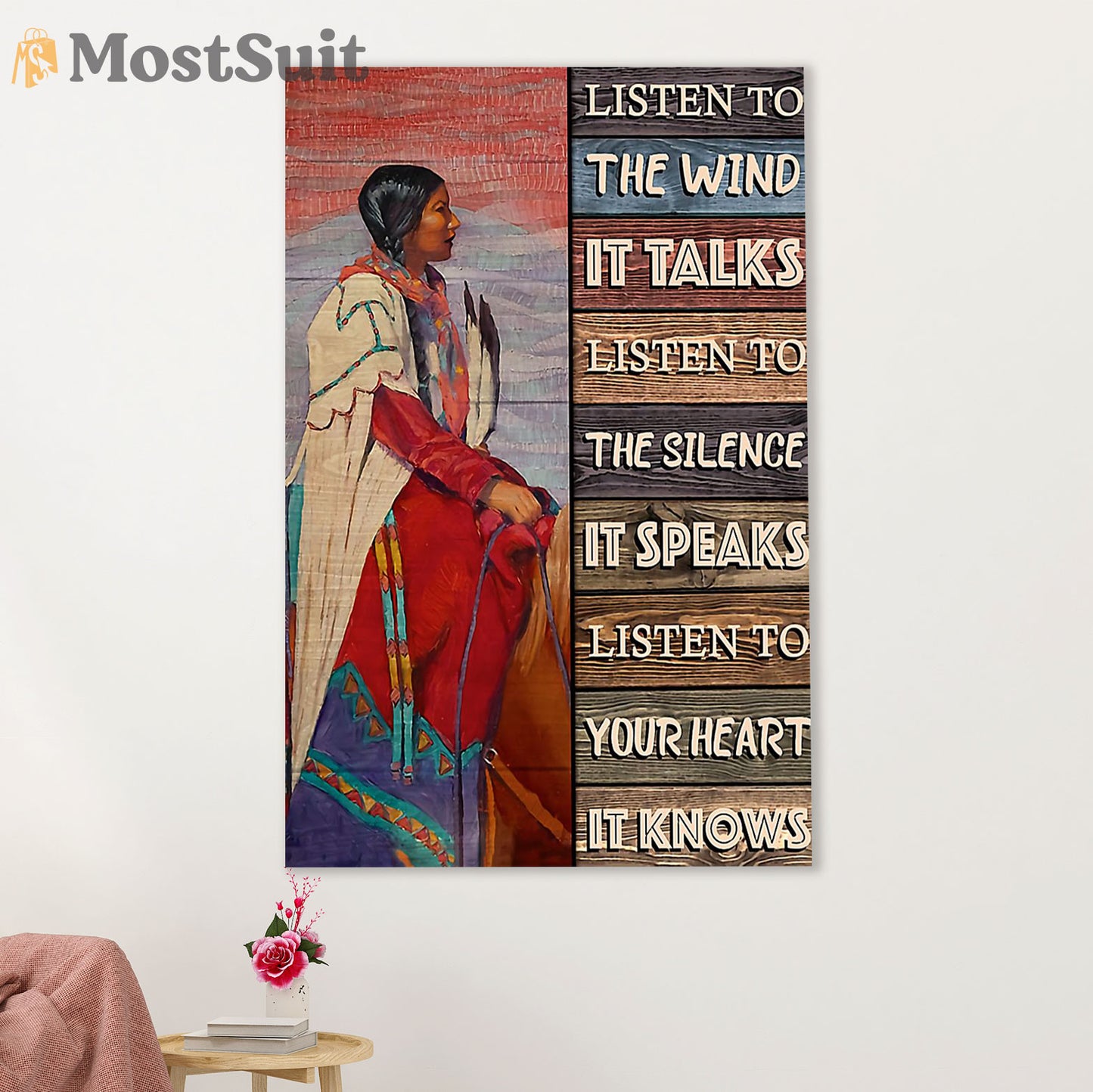 Native American Tribe Poster Prints | Listen To The Wind | Wall Art Gift for American Indians