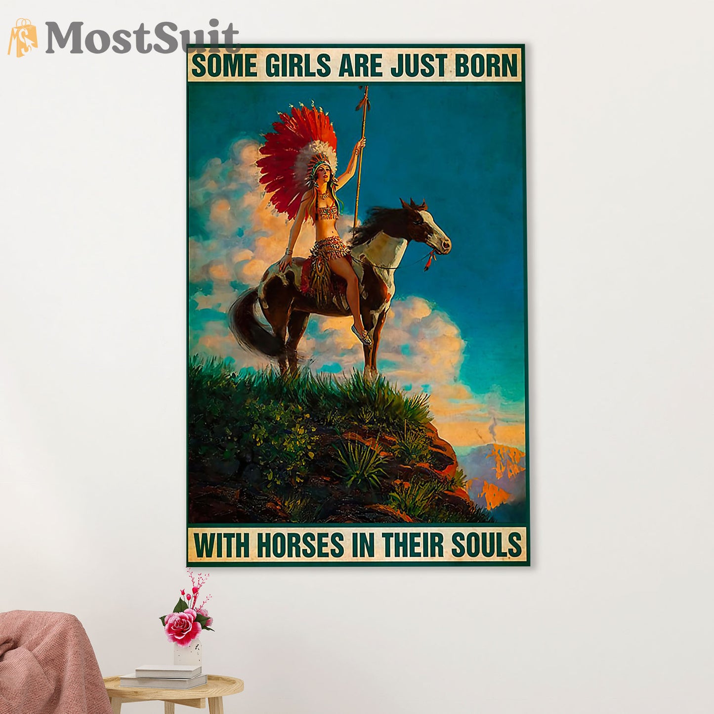 Native American Tribe Poster Prints | Native Girl & Horse | Wall Art Gift for American Indians