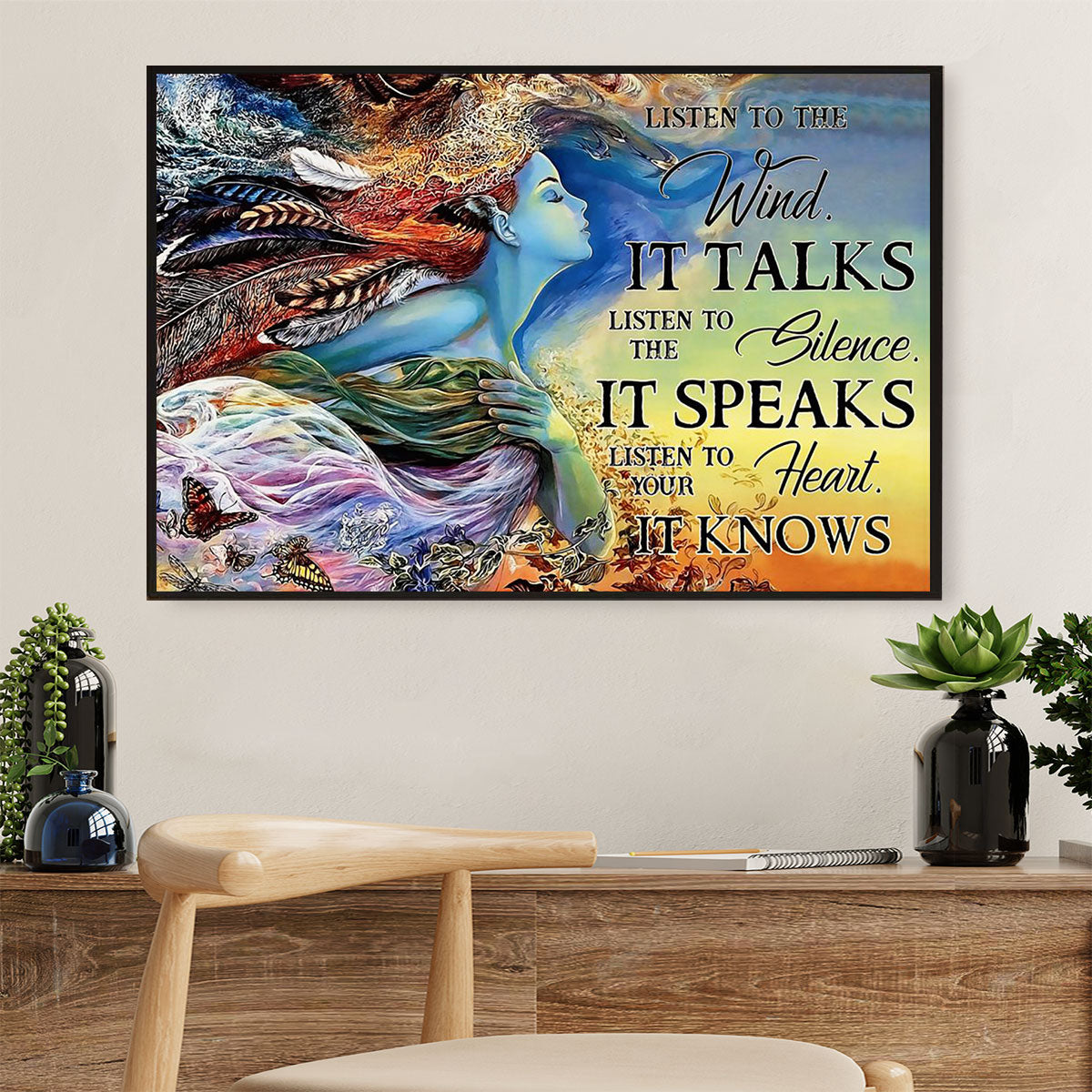 Native American Tribe Canvas Wall Art Prints | Native Girl Listens To The Wind |Gift for American Indians