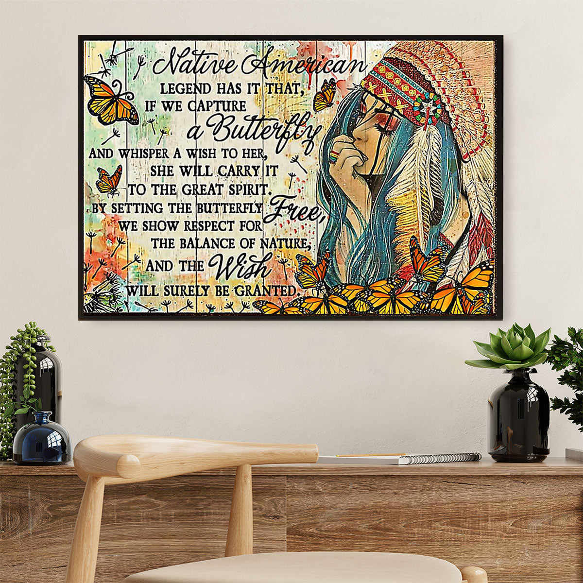Native American Tribe Canvas Wall Art Prints | Native Girl & Butterfly |Gift for American Indians