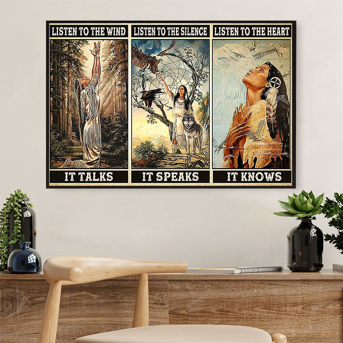 Native American Tribe Canvas Wall Art Prints | Native Girl & Wolf |Gift for American Indians