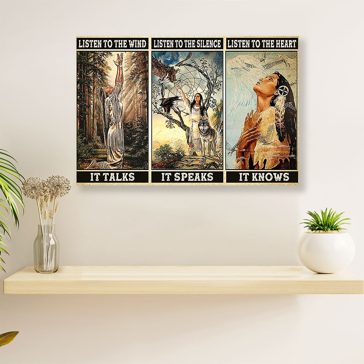 Native American Tribe Canvas Wall Art Prints | Native Girl & Wolf |Gift for American Indians