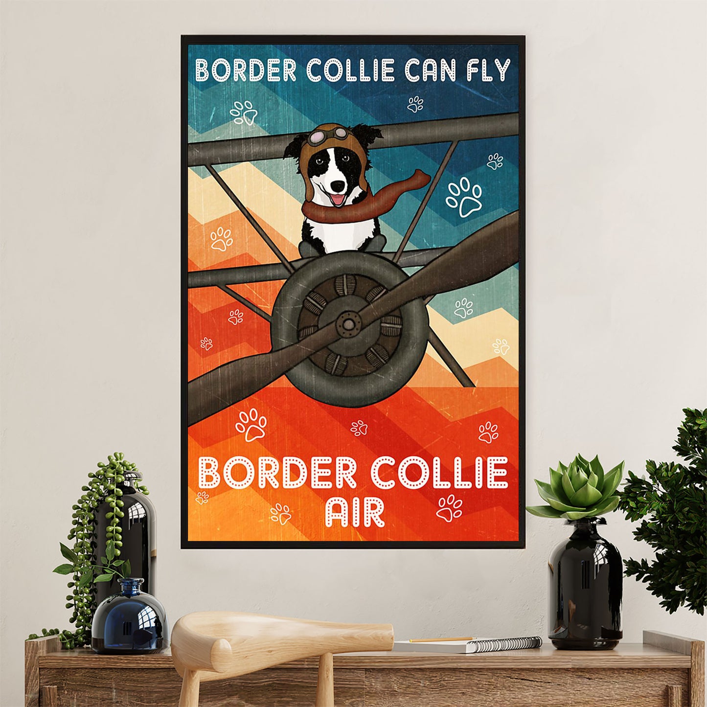 Cute Border Collie Dog Poster Prints | Collie Can Fly | Wall Art Gift for Puppies Merle Collie Lover