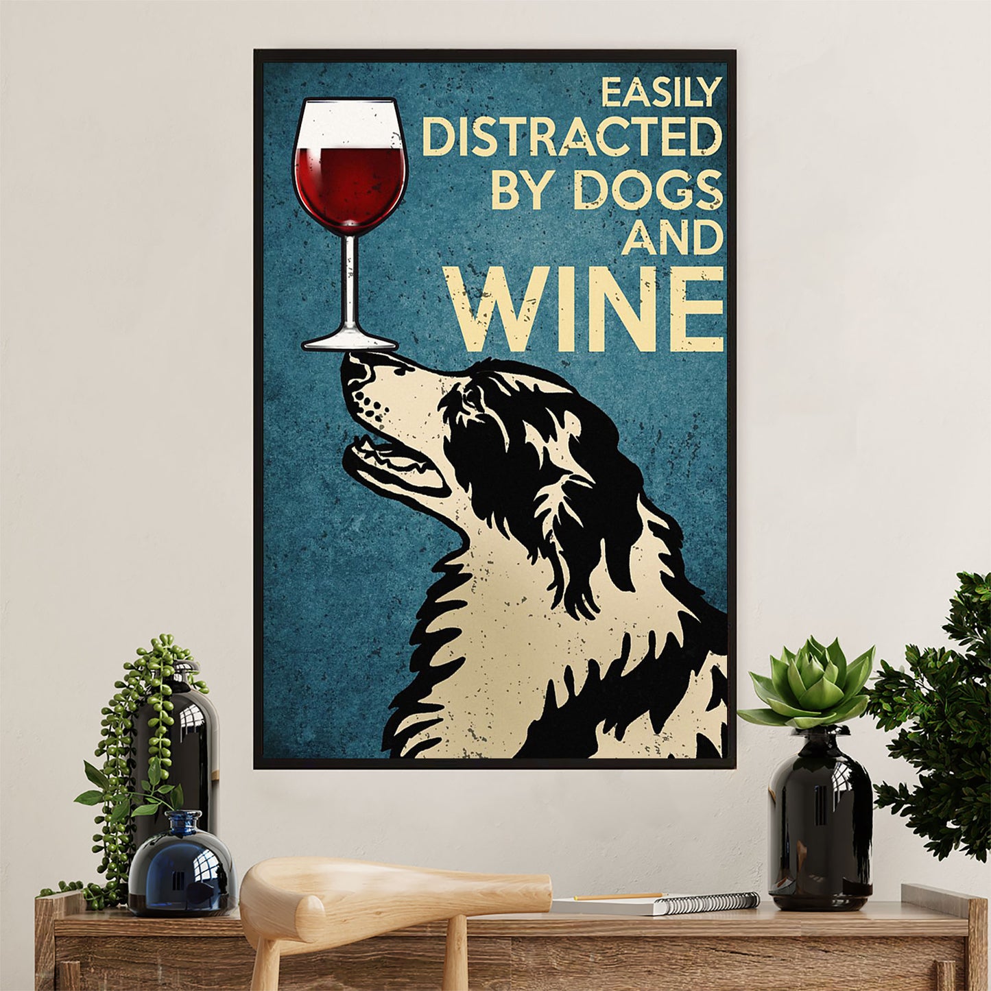 Cute Border Collie Dog Canvas Wall Art Prints | Distracted by Dogs & Wine | Gift for Merle Collie Lover