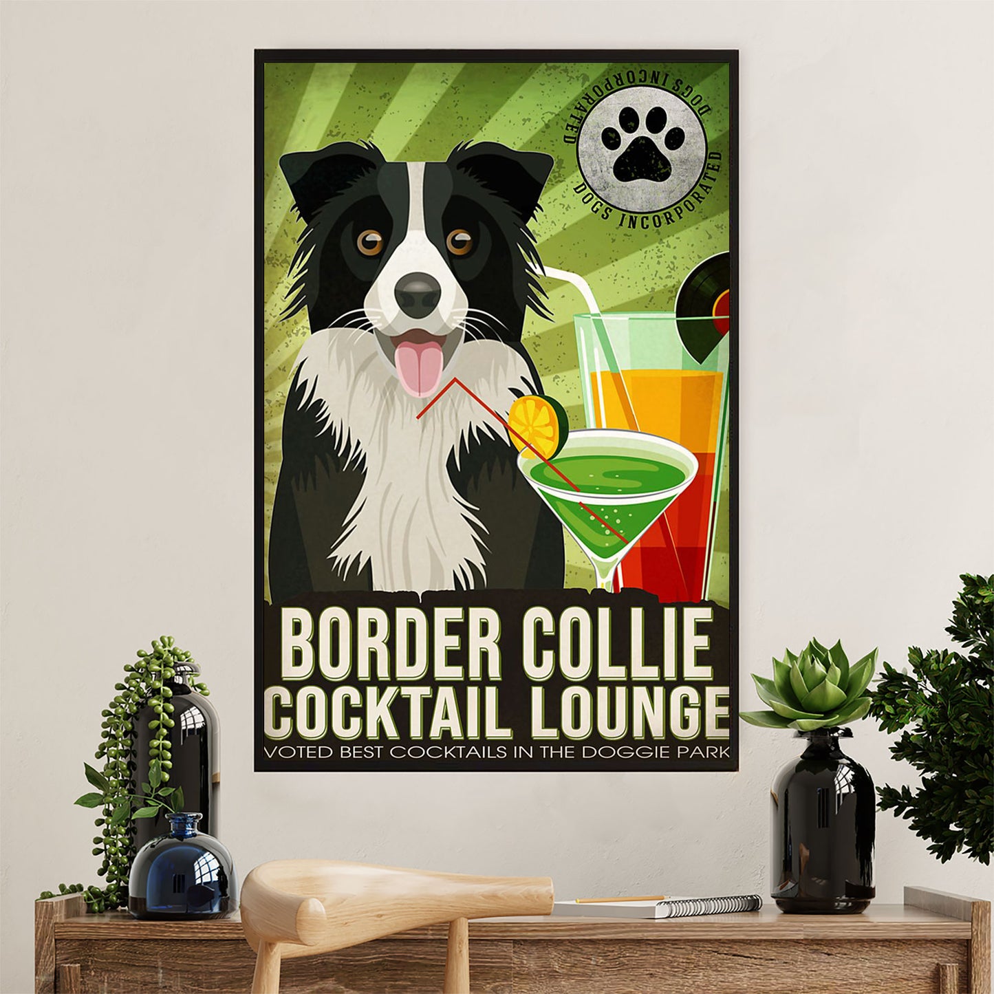 Cute Border Collie Dog Canvas Wall Art Prints | Collie Cocktail Lounge | Gift for Merle Collie Lover