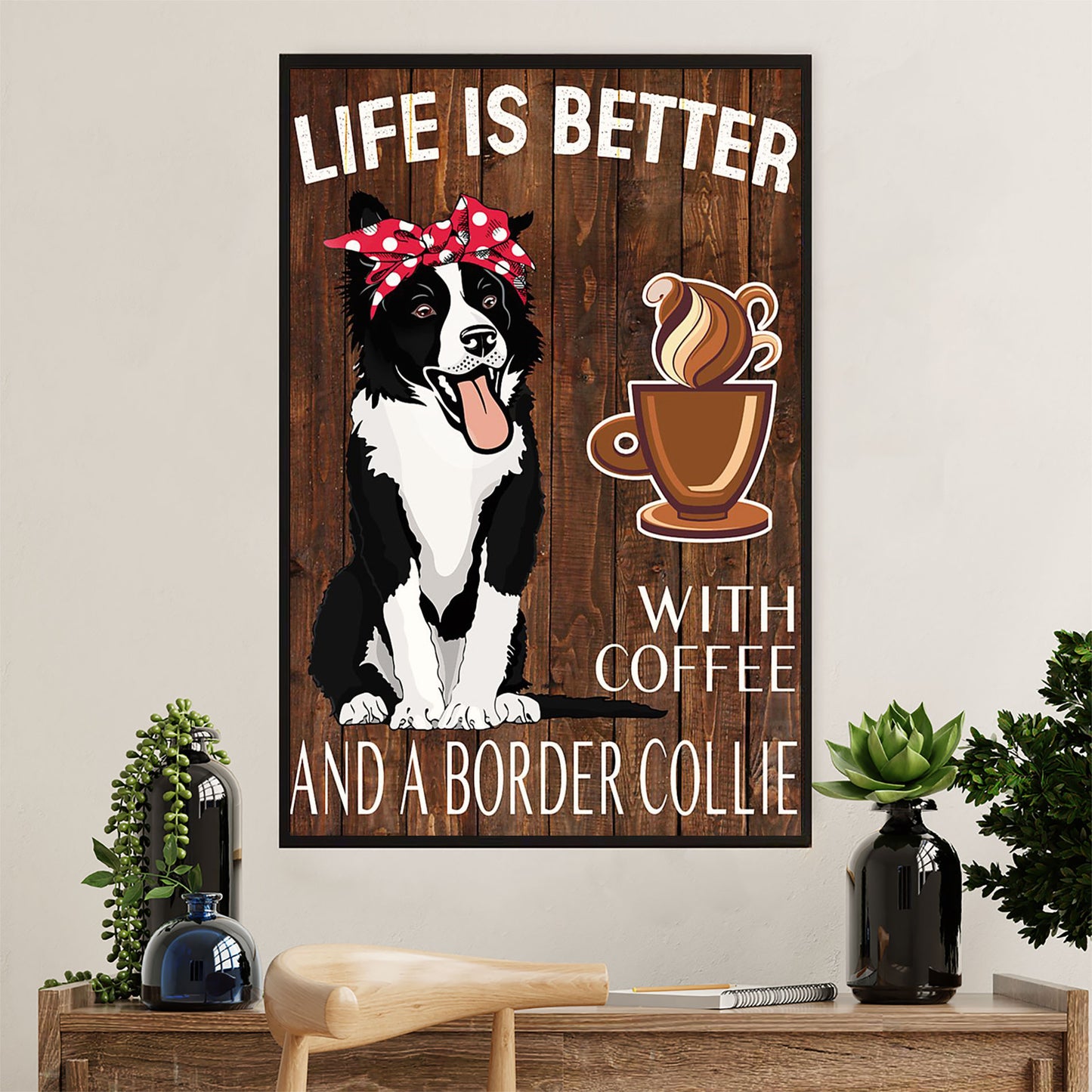 Cute Border Collie Dog Canvas Wall Art Prints | Loves Coffee & Border Collie | Gift for Merle Collie Lover