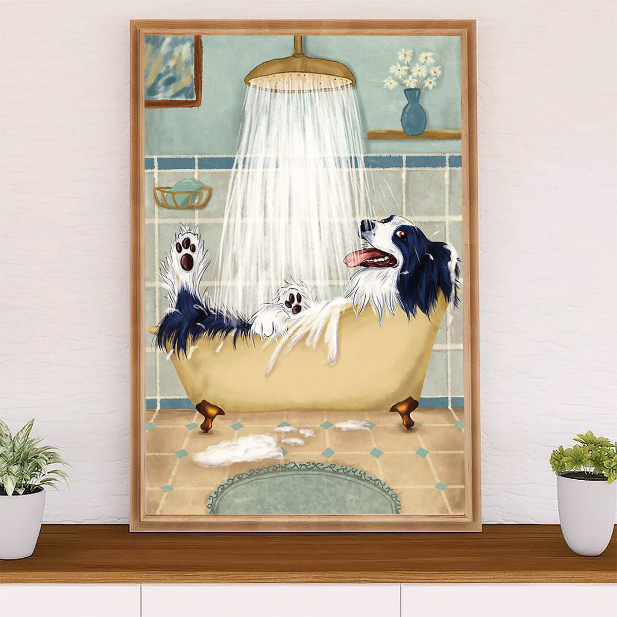 Cute Border Collie Dog Poster Prints | Collie in Bath | Wall Art Gift for Puppies Merle Collie Lover