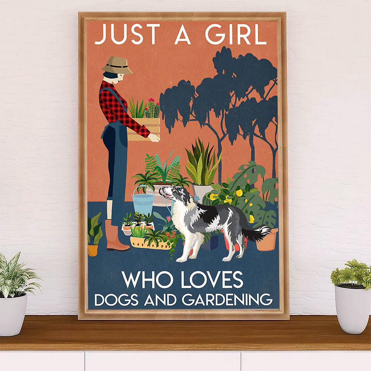 Cute Border Collie Dog Poster Prints | Girl Loves Gardening & Dogs | Wall Art Gift for Puppies Merle Collie Lover