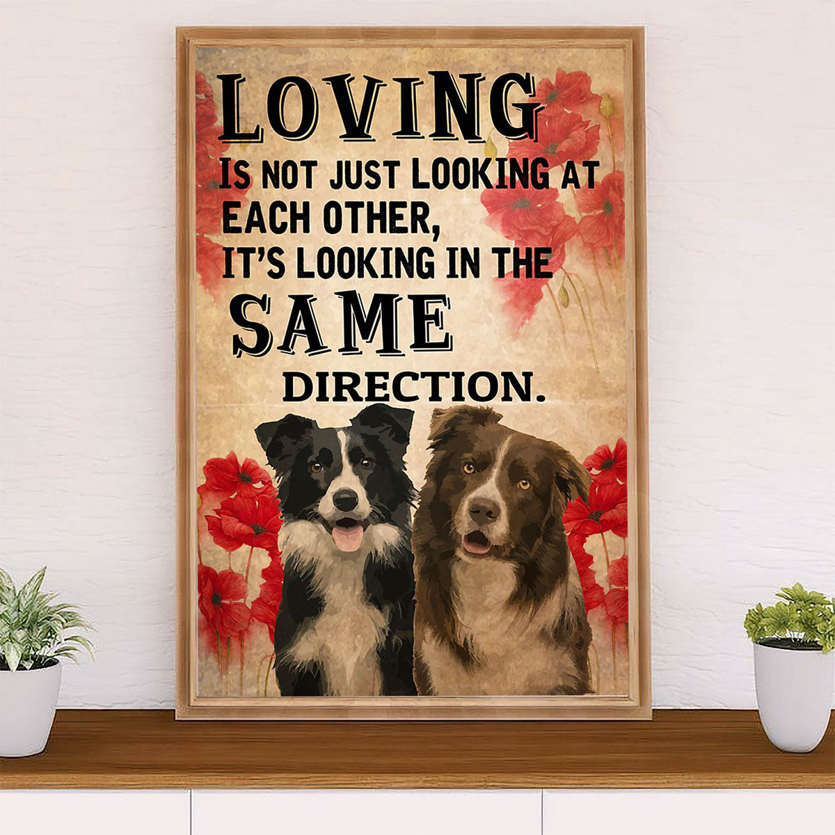 Cute Border Collie Dog Canvas Wall Art Prints | Looking In The Same Direction | Gift for Merle Collie Lover