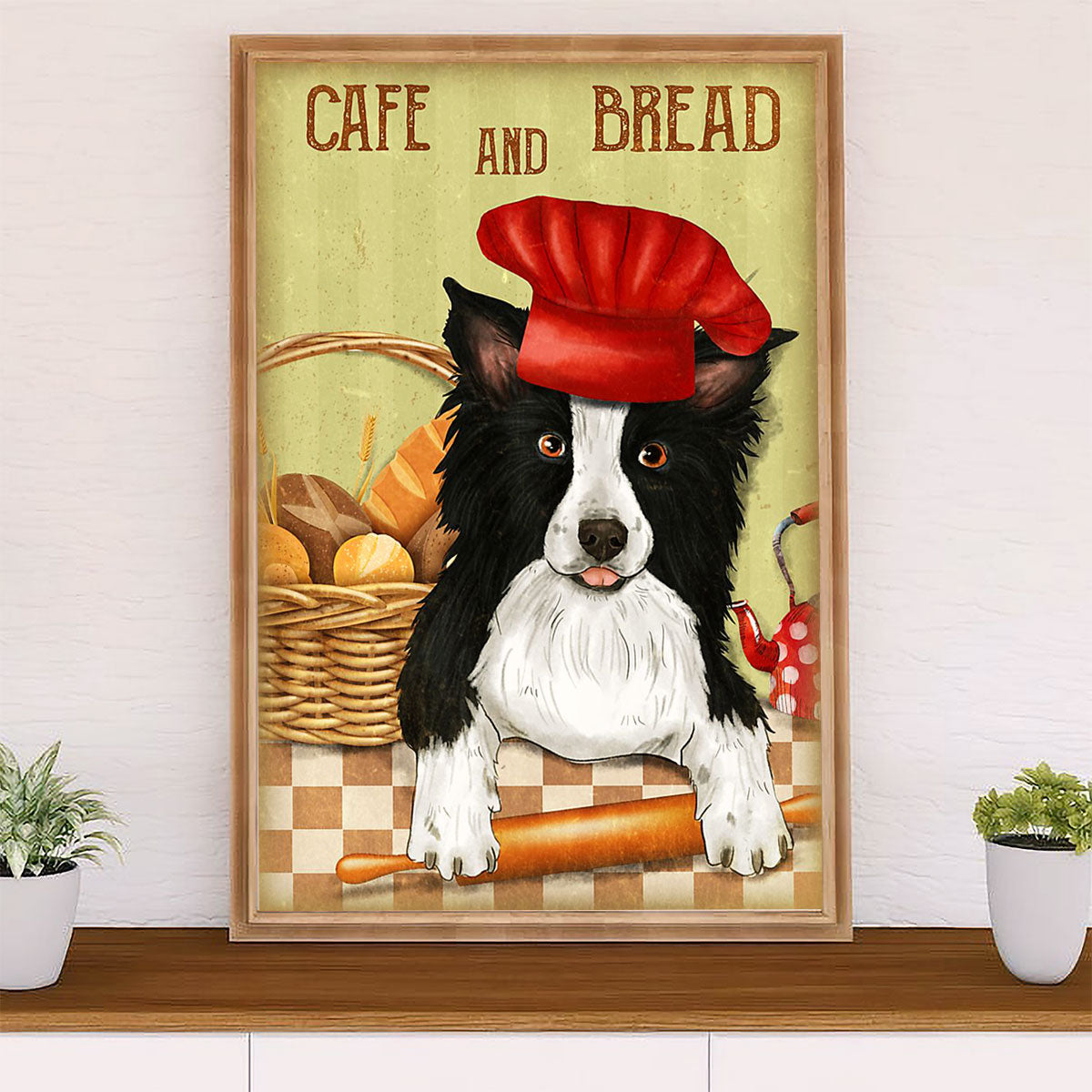 Cute Border Collie Dog Poster Prints | Café & Bread | Wall Art Gift for Puppies Merle Collie Lover