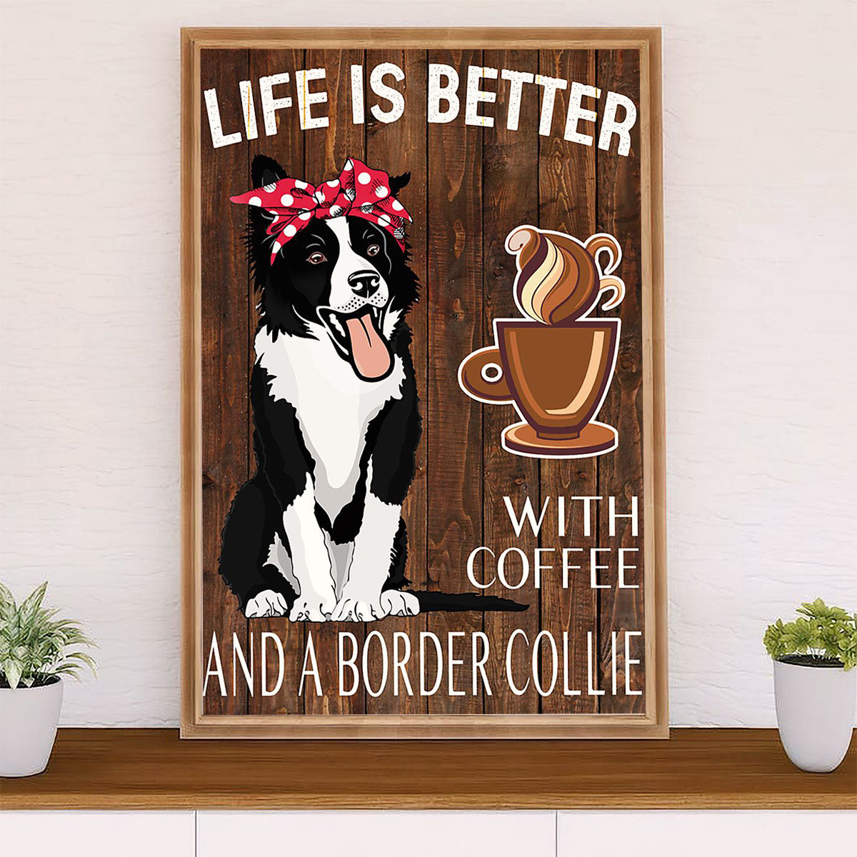 Cute Border Collie Dog Canvas Wall Art Prints | Loves Coffee & Border Collie | Gift for Merle Collie Lover