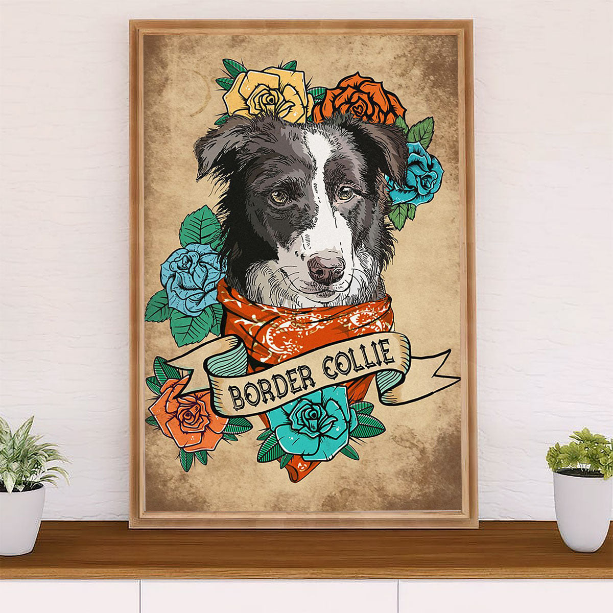 Cute Border Collie Dog Canvas Wall Art Prints | Collie Flower | Gift for Merle Collie Lover