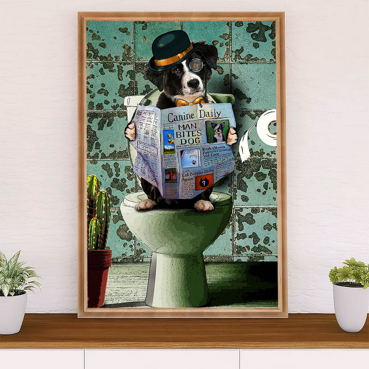 Cute Border Collie Dog Canvas Wall Art Prints | Funny Collie in Toilet | Gift for Merle Collie Lover