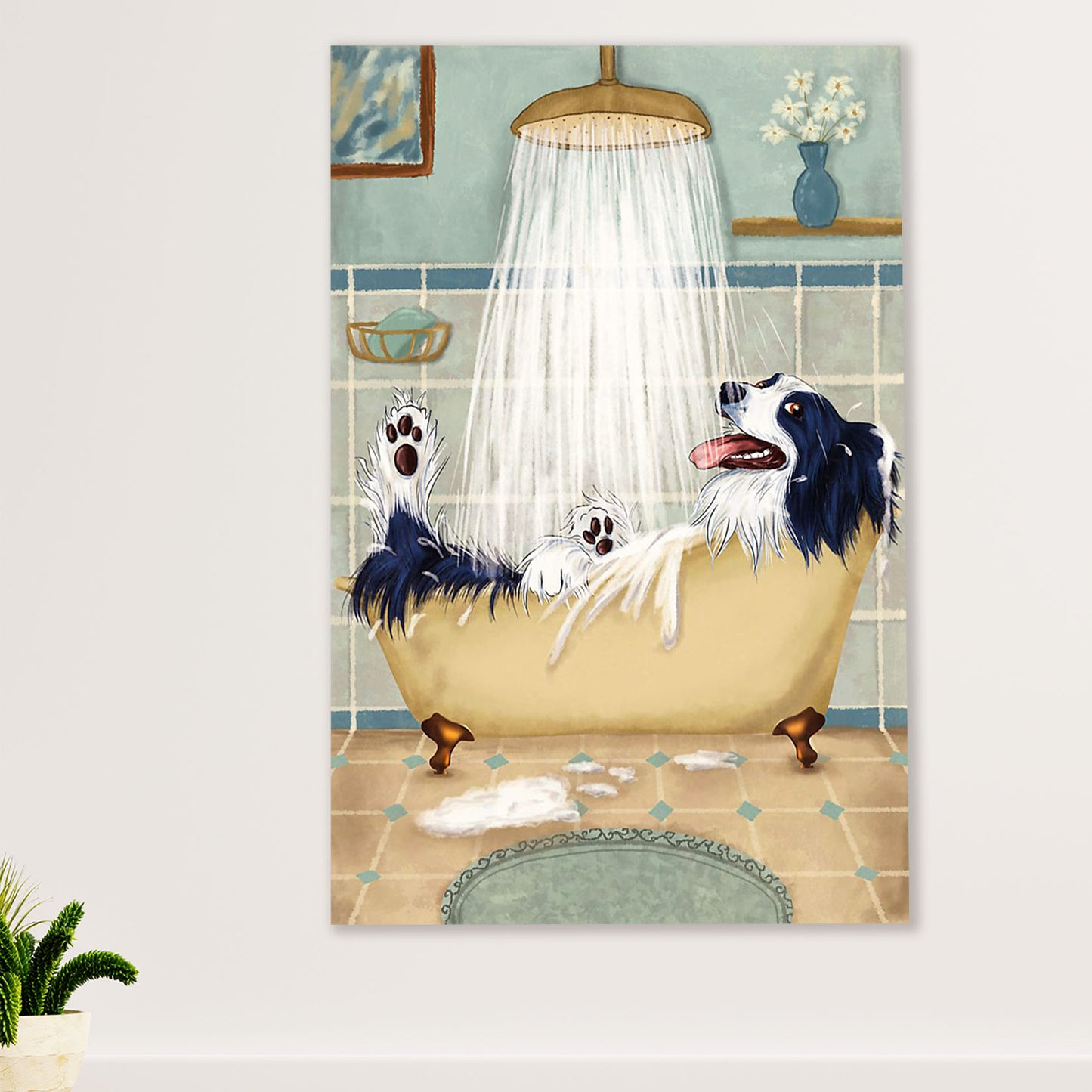 Cute Border Collie Dog Poster Prints | Collie in Bath | Wall Art Gift for Puppies Merle Collie Lover