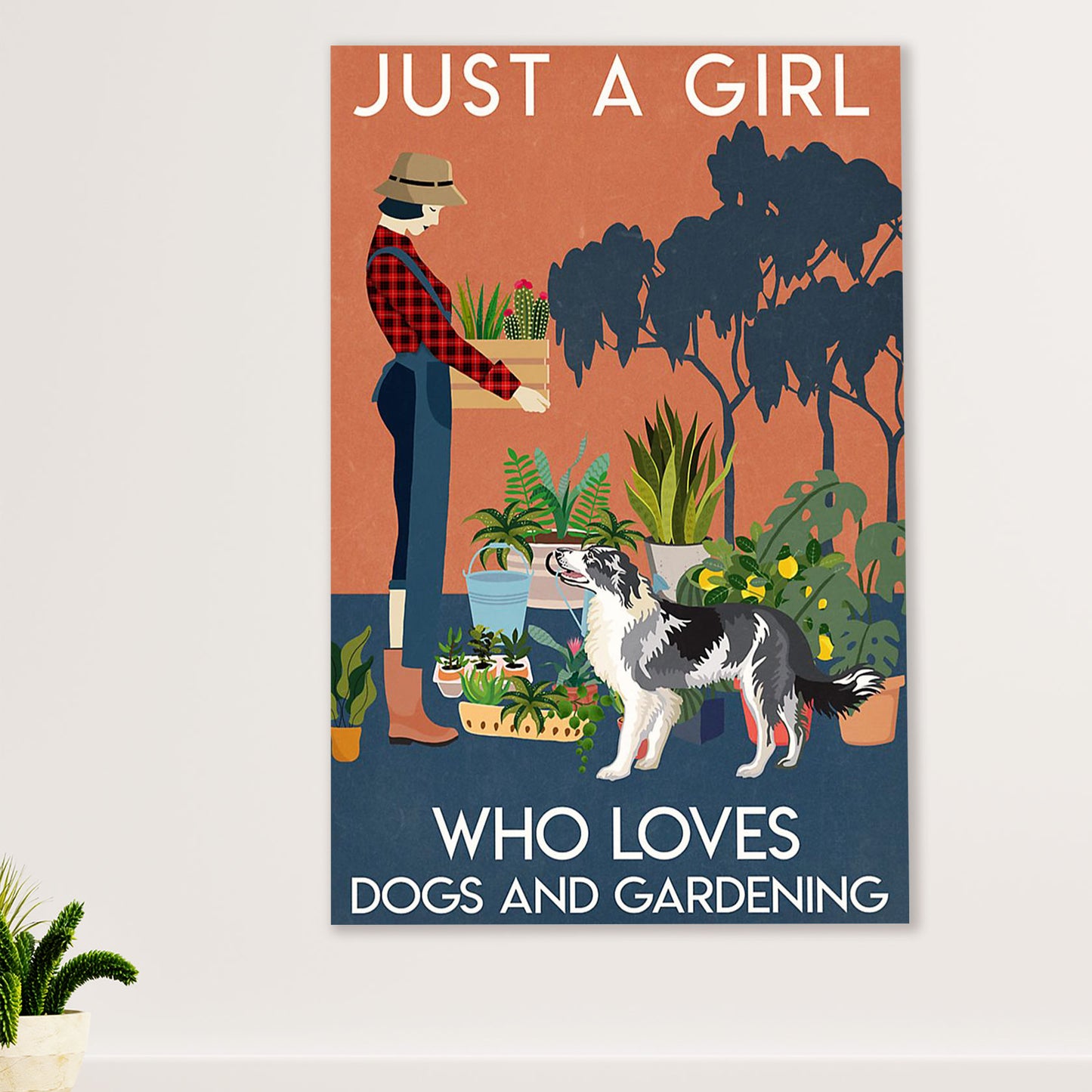 Cute Border Collie Dog Poster Prints | Girl Loves Gardening & Dogs | Wall Art Gift for Puppies Merle Collie Lover