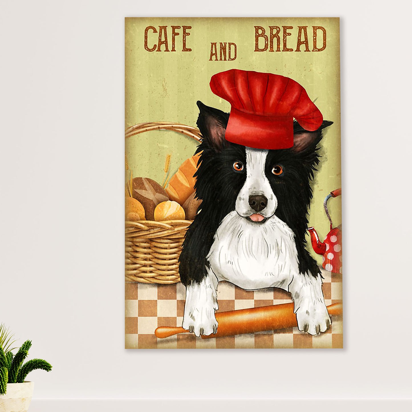 Cute Border Collie Dog Poster Prints | Café & Bread | Wall Art Gift for Puppies Merle Collie Lover