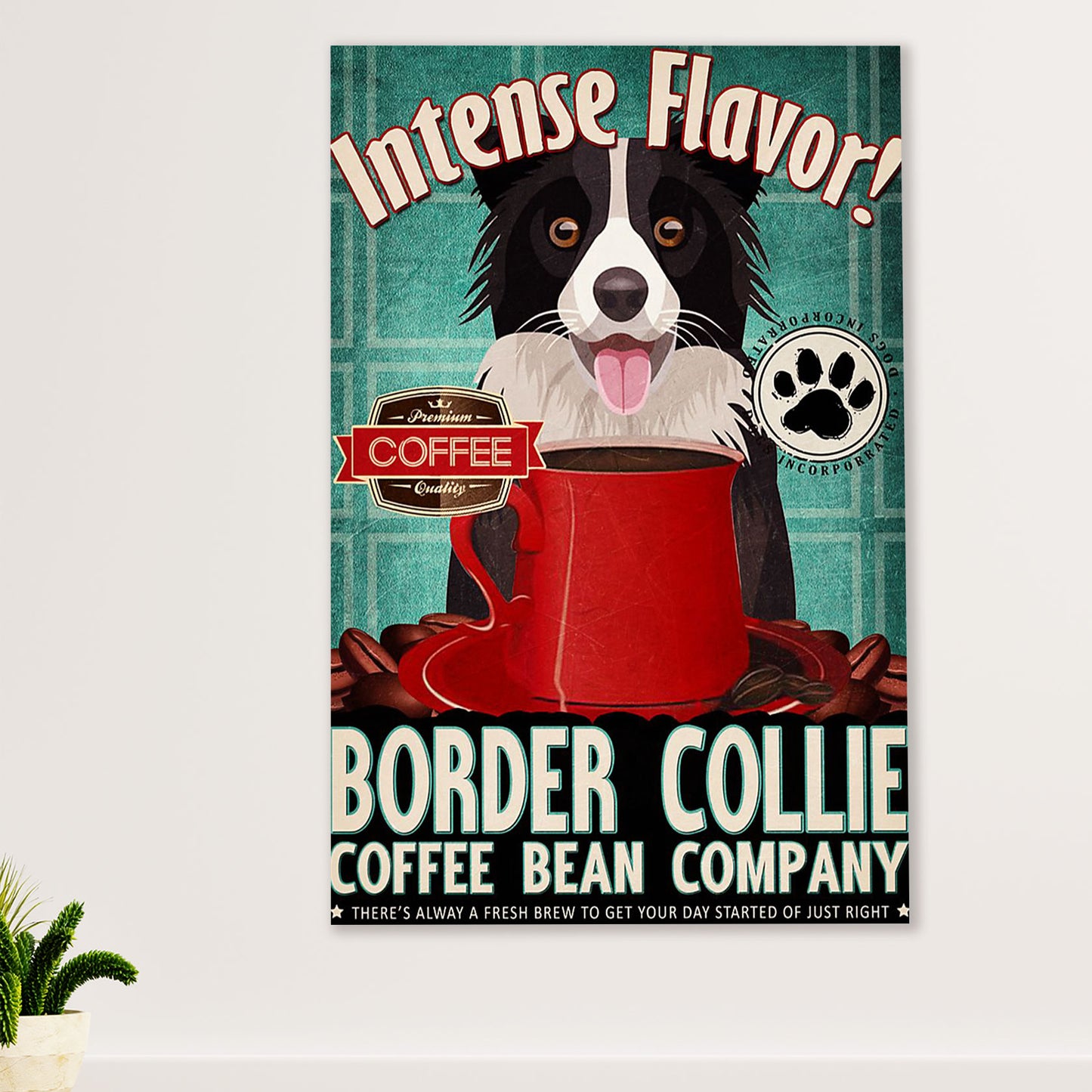 Cute Border Collie Dog Poster Prints | Coffee Bean Company | Wall Art Gift for Puppies Merle Collie Lover
