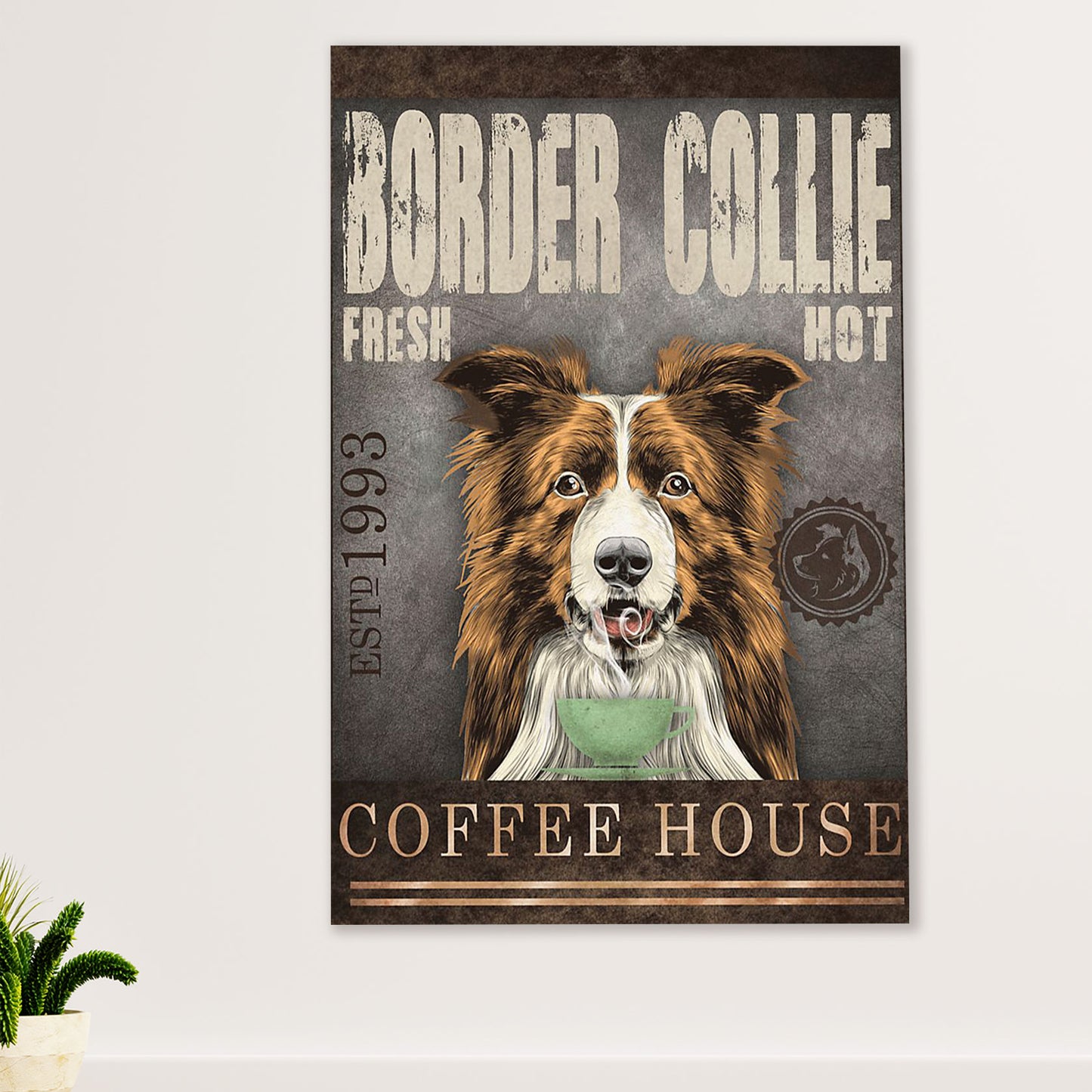 Cute Border Collie Dog Poster Prints | Collie Coffee House | Wall Art Gift for Puppies Merle Collie Lover