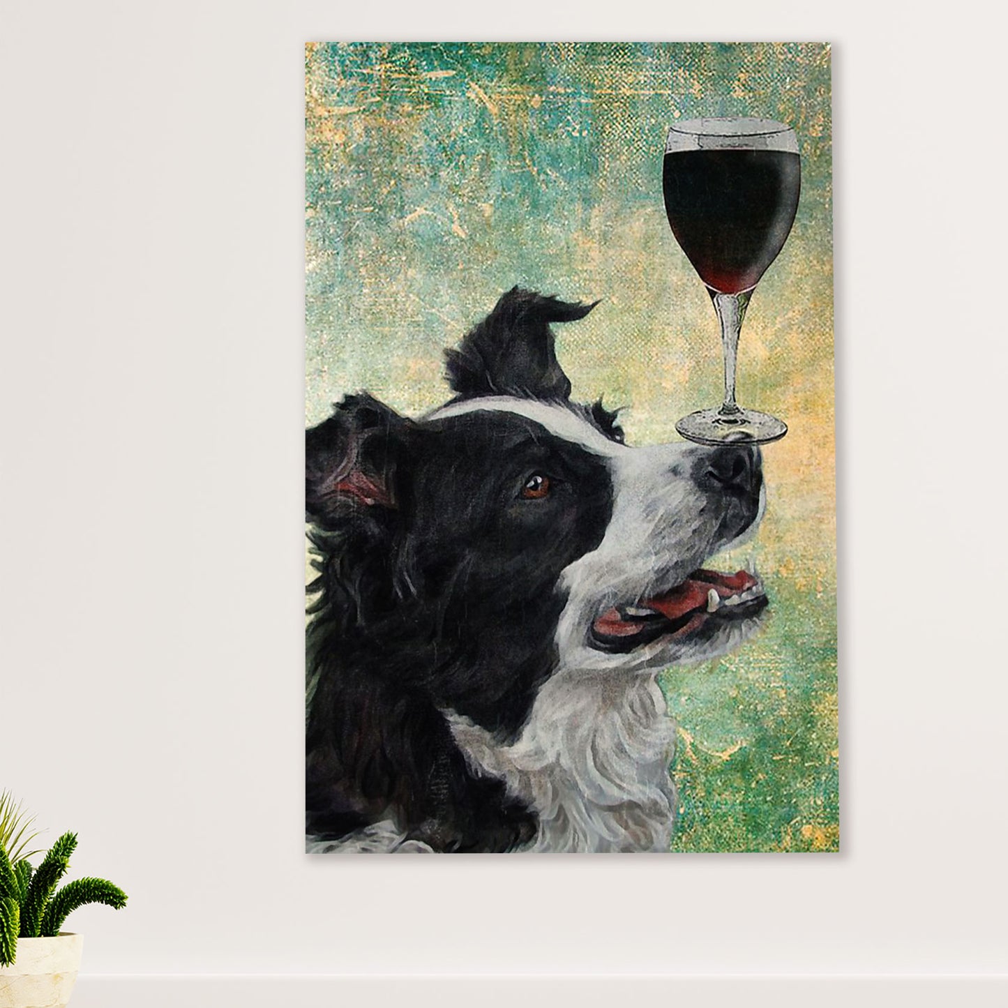 Cute Border Collie Dog Canvas Wall Art Prints | Dog & Wine | Gift for Merle Collie Lover