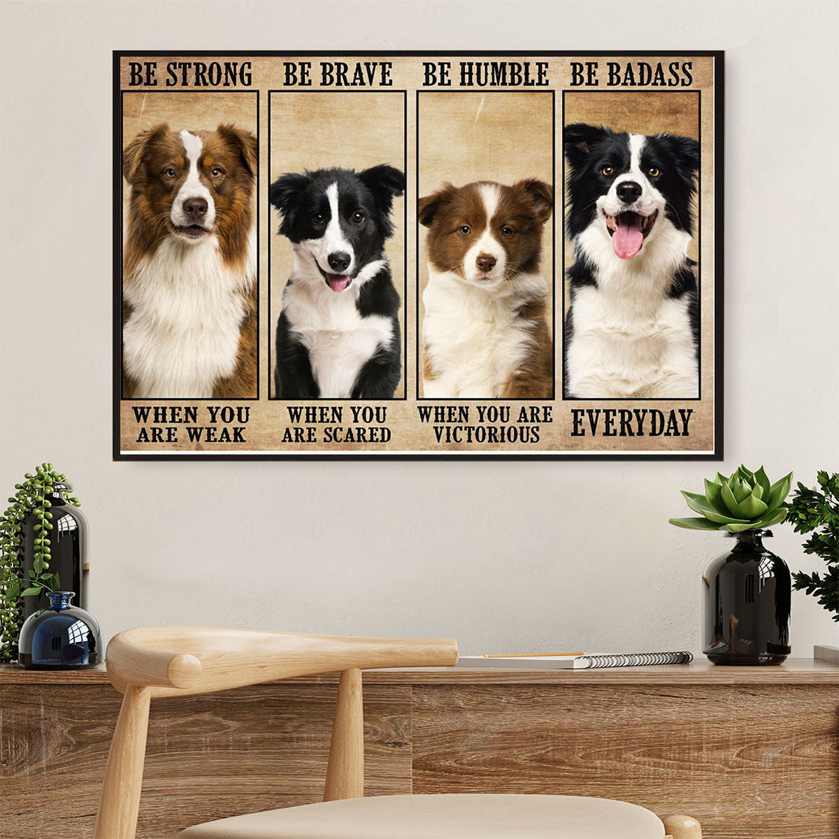 Cute Border Collie Canvas Wall Art Prints | Be Strong Be Badass | Gift for Puppies Merle Collie Lover