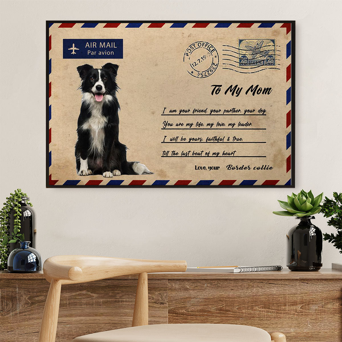Cute Border Collie Dog Poster Prints | Air Mail From Collie to Mom | Wall Art Gift for Puppies Merle Collie Lover