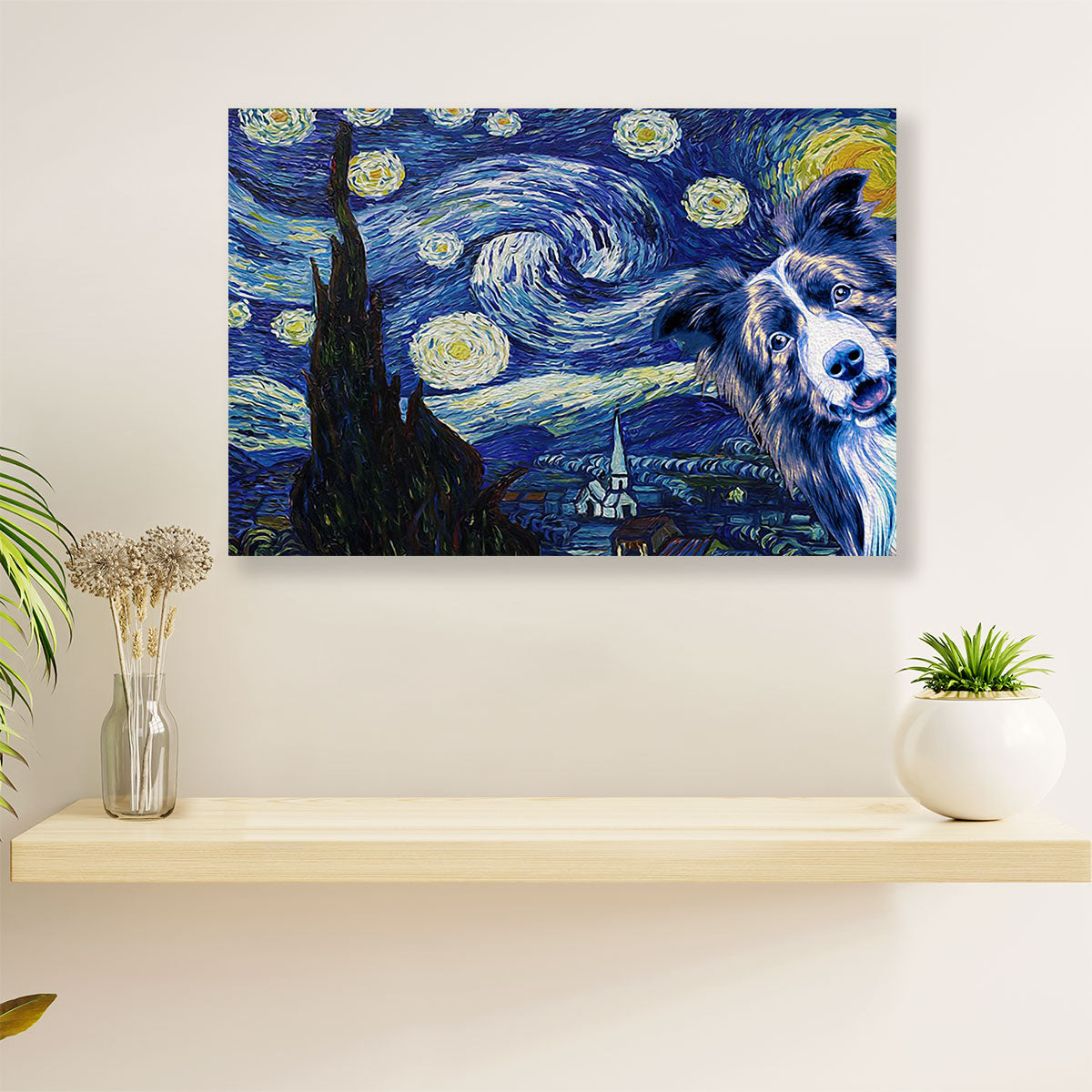 Cute Border Collie Dog Poster Prints | Starry Collie Night | Wall Art Gift for Puppies Merle Collie Lover