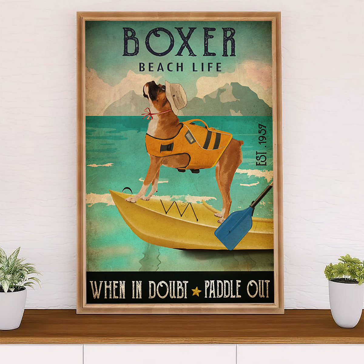 Funny Cute Boxer Poster | Beach Life | Wall Art Gift for Brindle Boxador Puppies Lover
