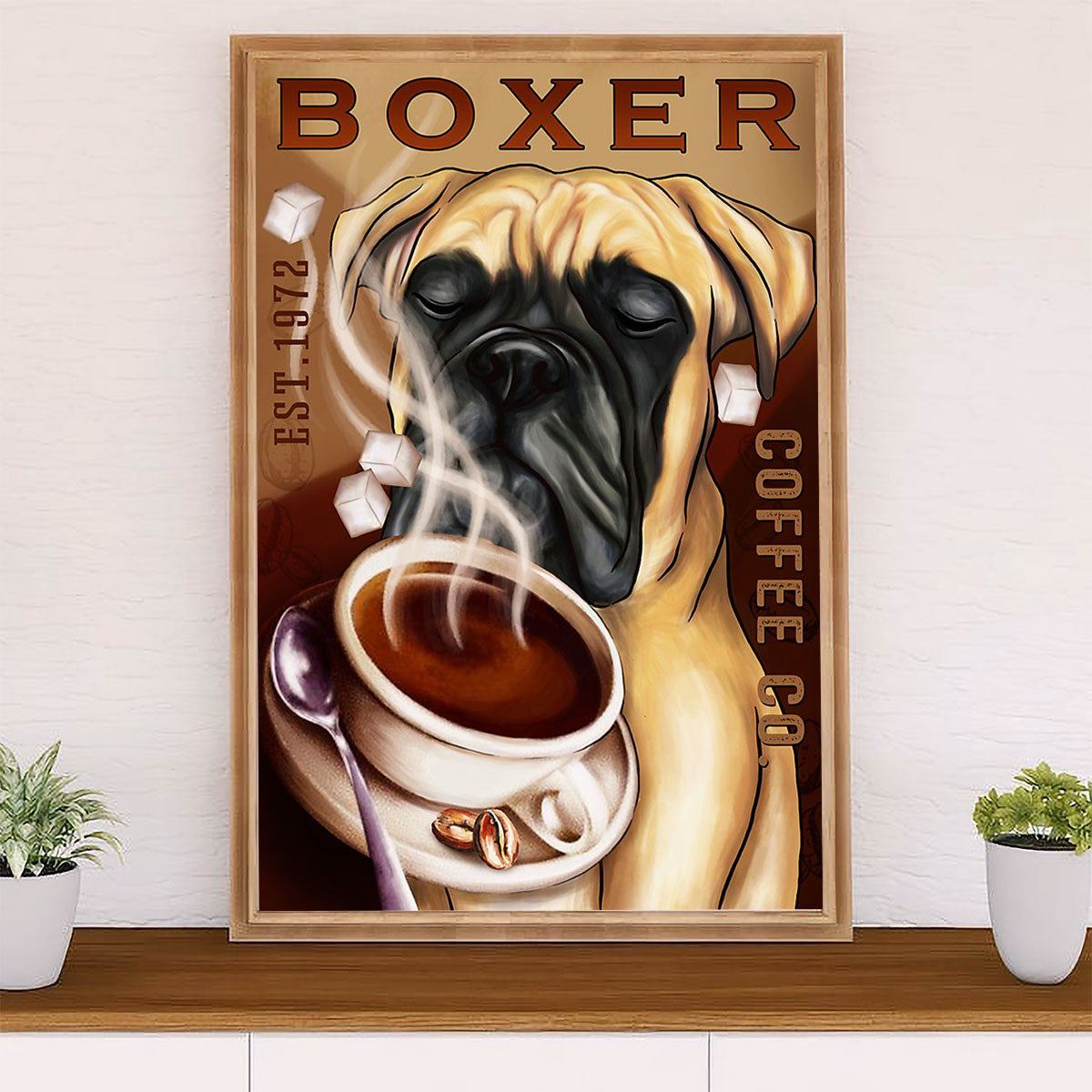 Funny Cute Boxer Poster | Coffee Co | Wall Art Gift for Brindle Boxador Puppies Lover