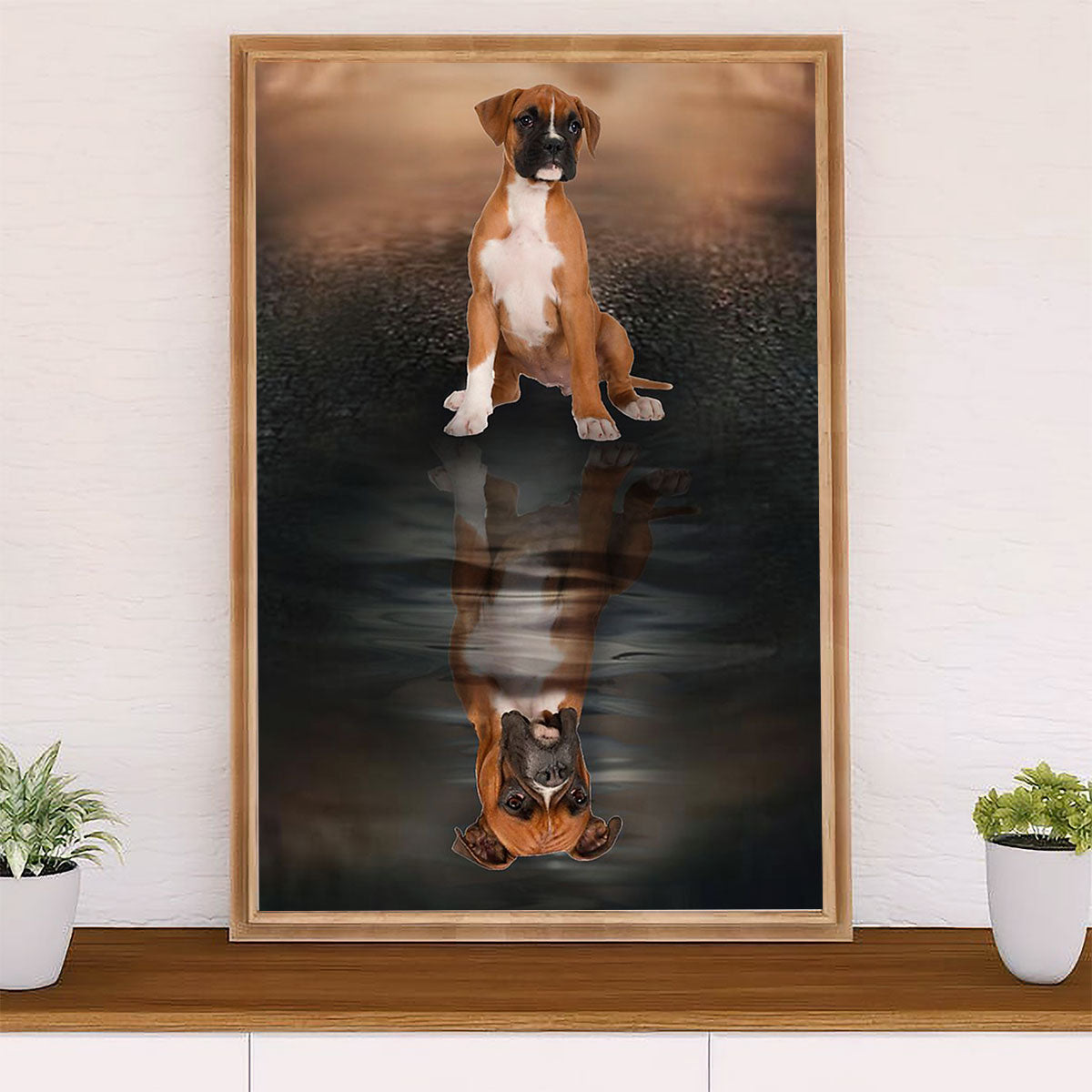 Funny Cute Boxer Poster | Dog Reflection | Wall Art Gift for Brindle Boxador Puppies Lover
