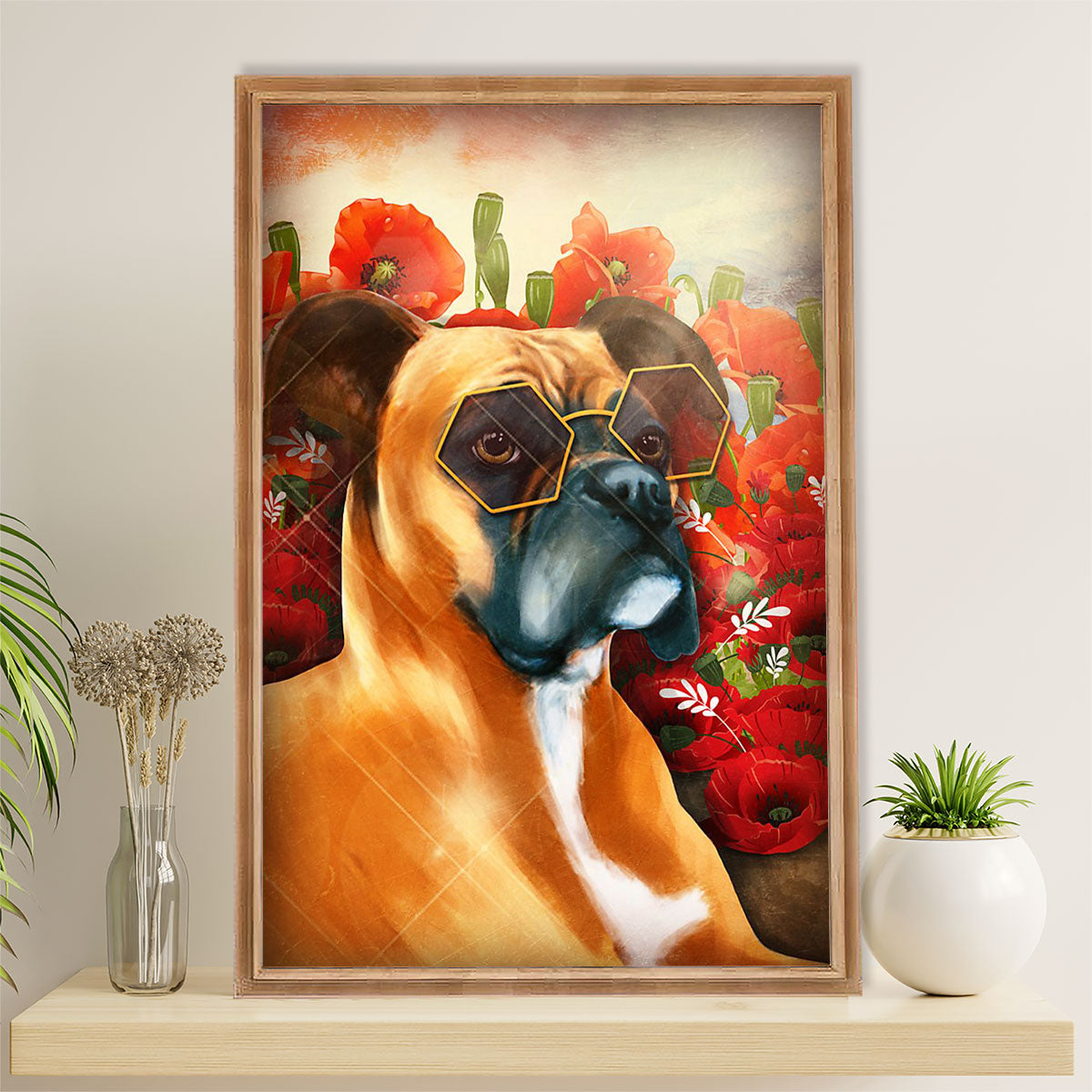 Funny Cute Boxer Canvas Wall Art Prints | Dog & Flower | Gift for Brindle Boxador Dog Lover