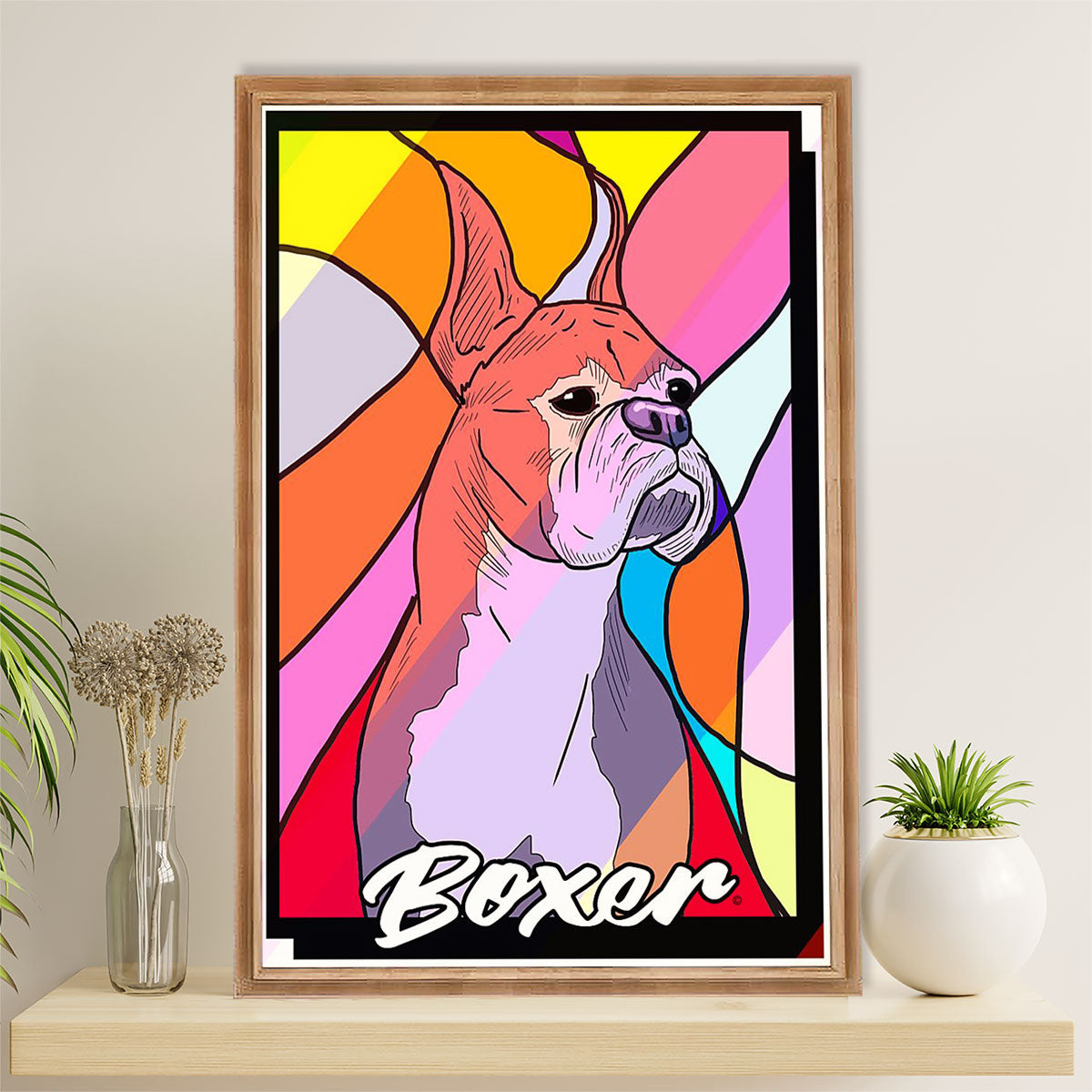 Funny Cute Boxer Poster | Dog Colorful Painting | Wall Art Gift for Brindle Boxador Puppies Lover