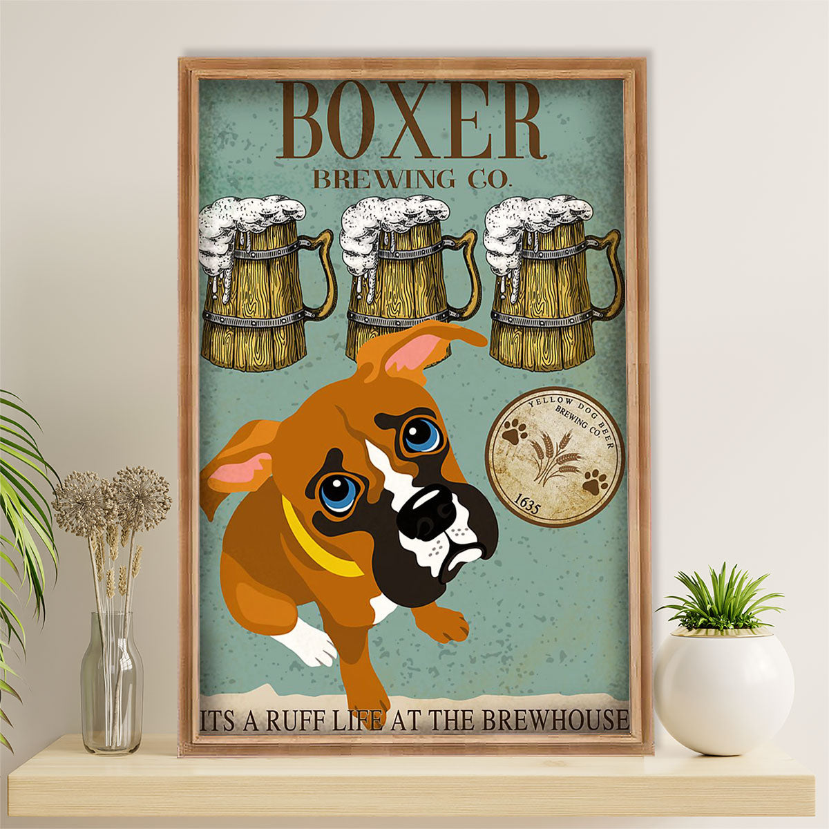 Funny Cute Boxer Poster | Boxer Brewing | Wall Art Gift for Brindle Boxador Puppies Lover