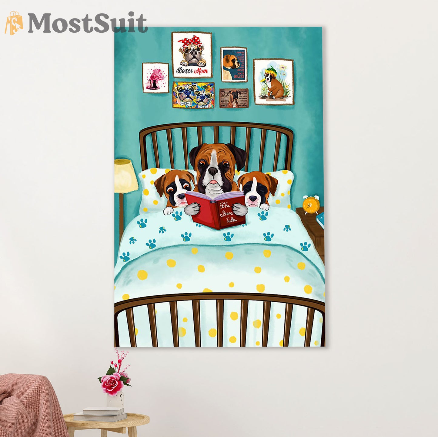 Funny Cute Boxer Poster | Boxer Dad & Kids | Wall Art Gift for Brindle Boxador Puppies Lover