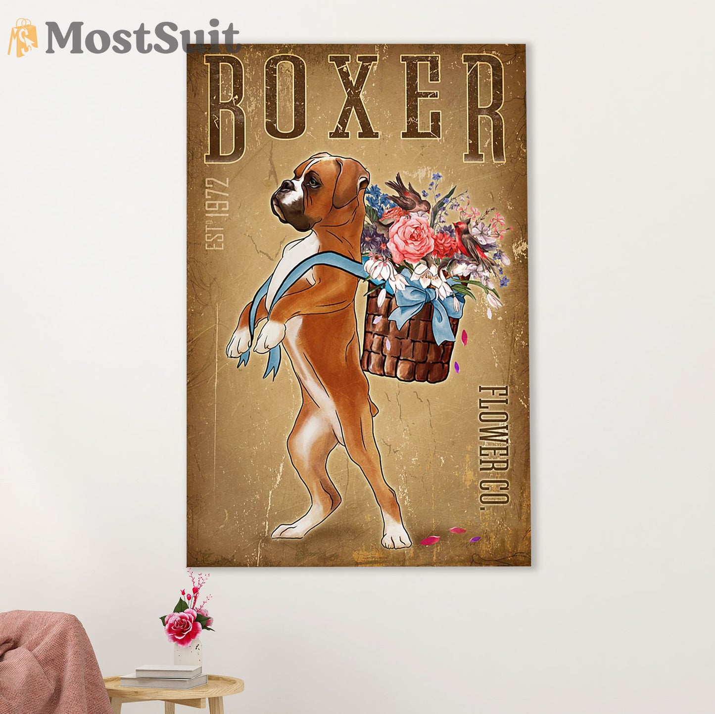 Funny Cute Boxer Poster | Boxer Flower Co | Wall Art Gift for Brindle Boxador Puppies Lover