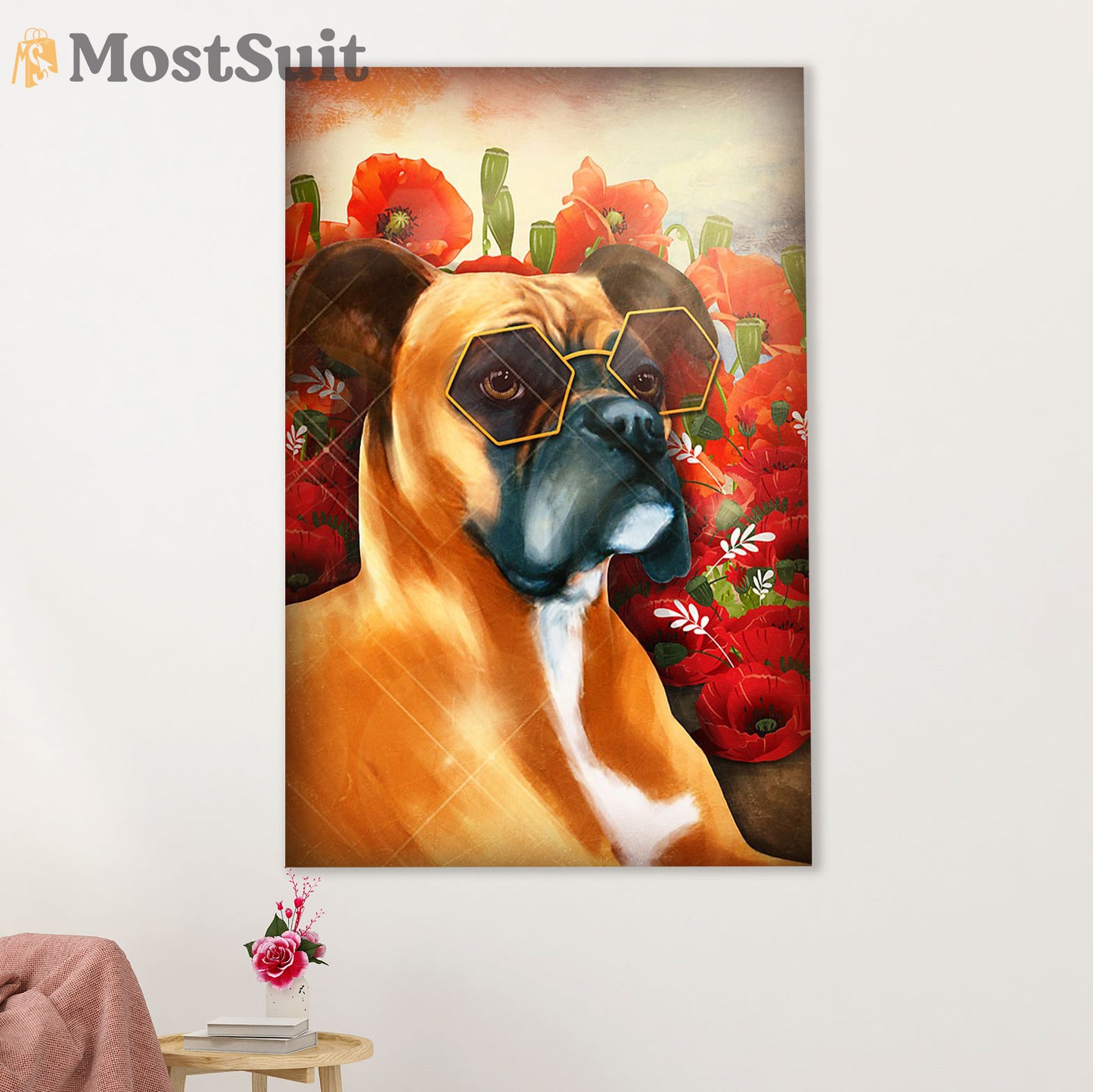 Funny Cute Boxer Poster | Dog & Flower | Wall Art Gift for Brindle Boxador Puppies Lover
