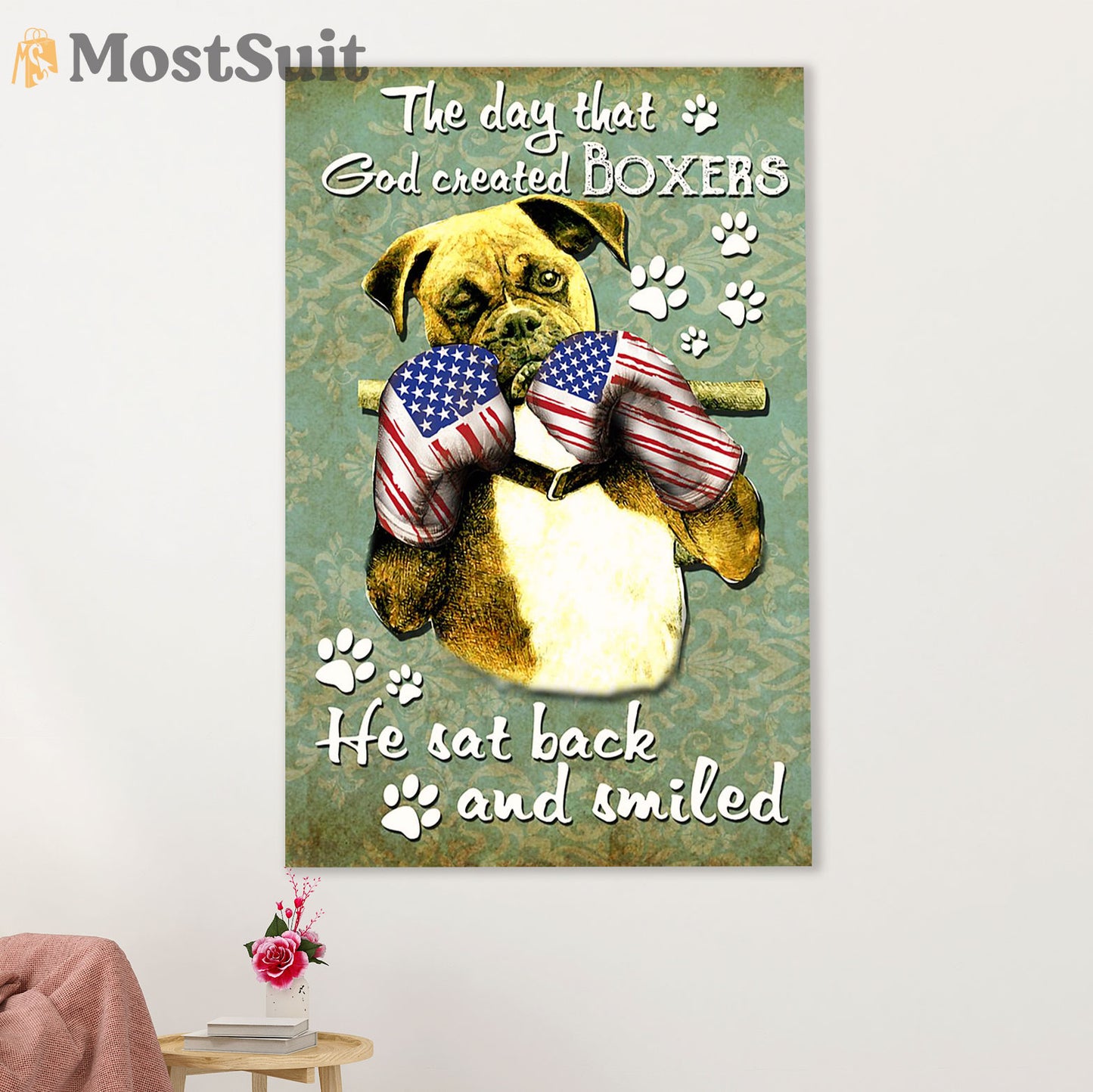 Funny Cute Boxer Poster | Dog American Gloves | Wall Art Gift for Brindle Boxador Puppies Lover
