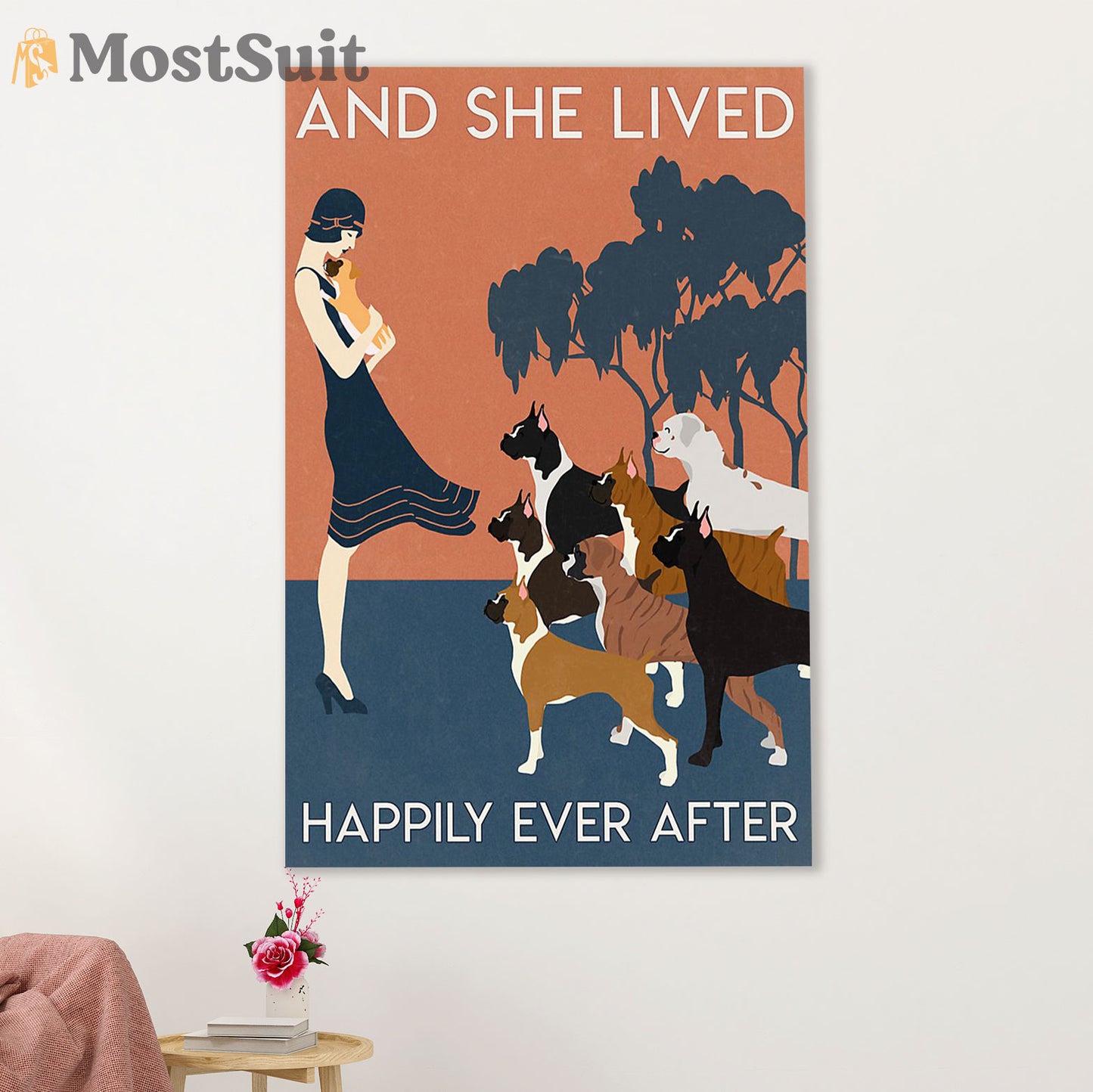 Funny Cute Boxer Poster | She Lived Happily | Wall Art Gift for Brindle Boxador Puppies Lover