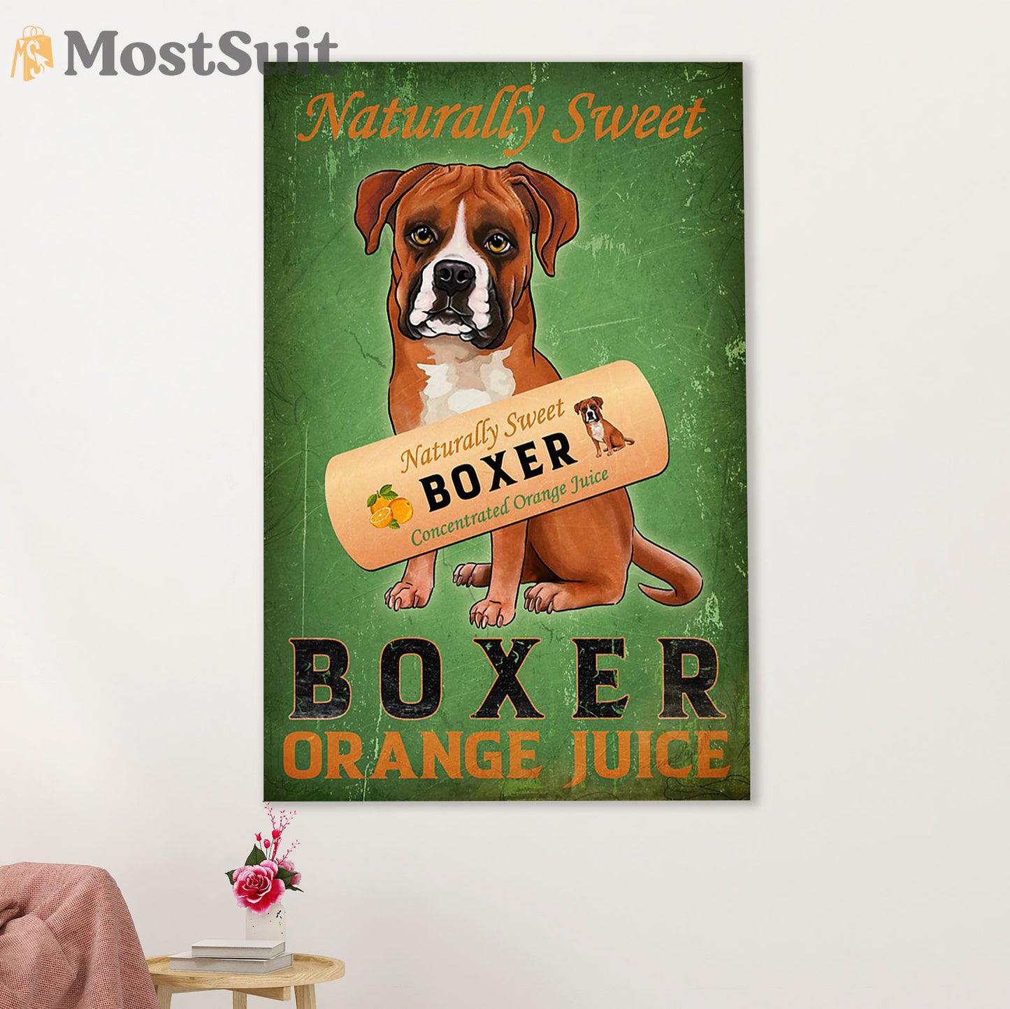 Funny Cute Boxer Poster | Dog Orange Juice | Wall Art Gift for Brindle Boxador Puppies Lover