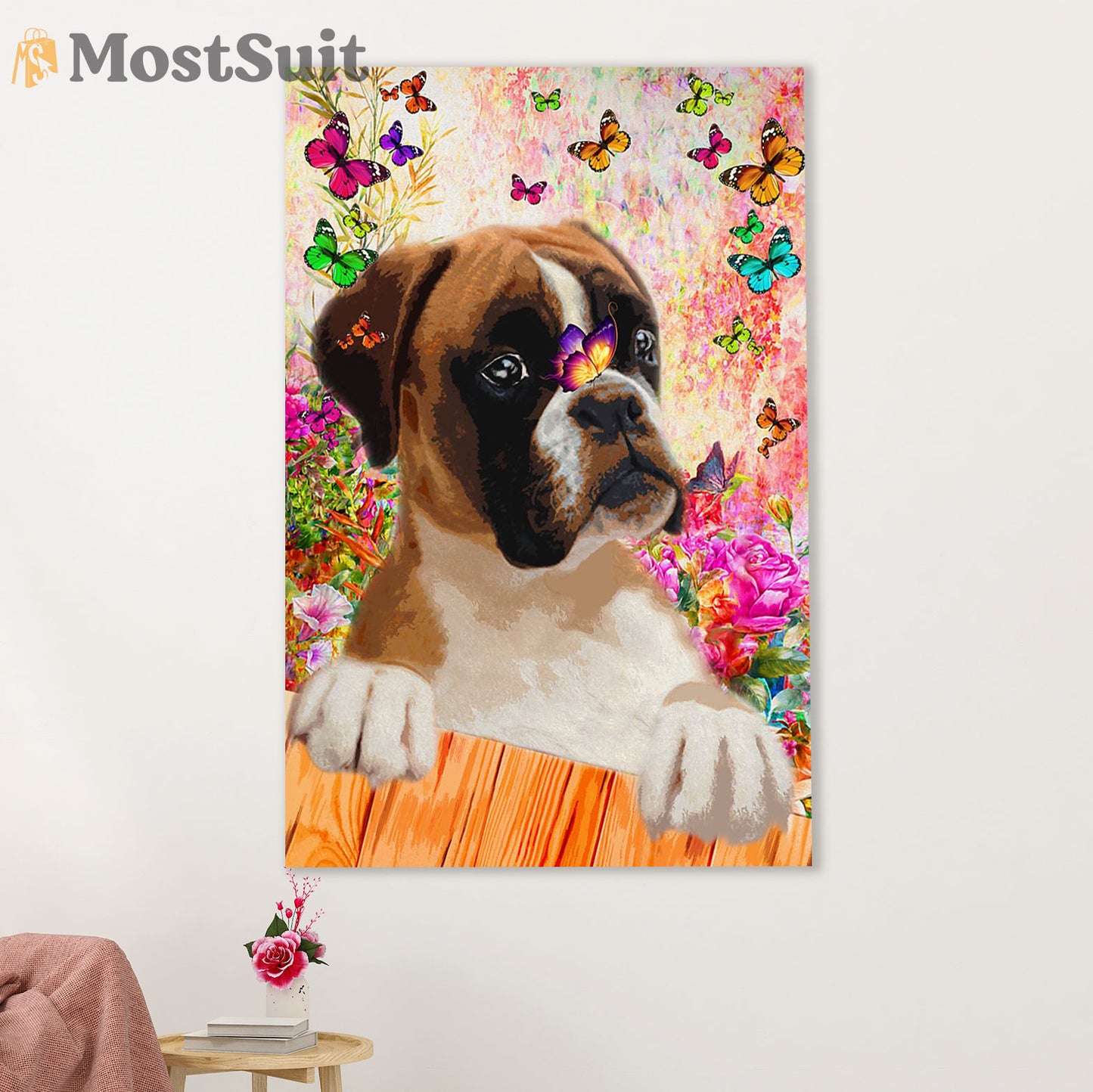 Funny Cute Boxer Canvas Wall Art Prints | Boxer & Butterfly | Gift for Brindle Boxador Dog Lover