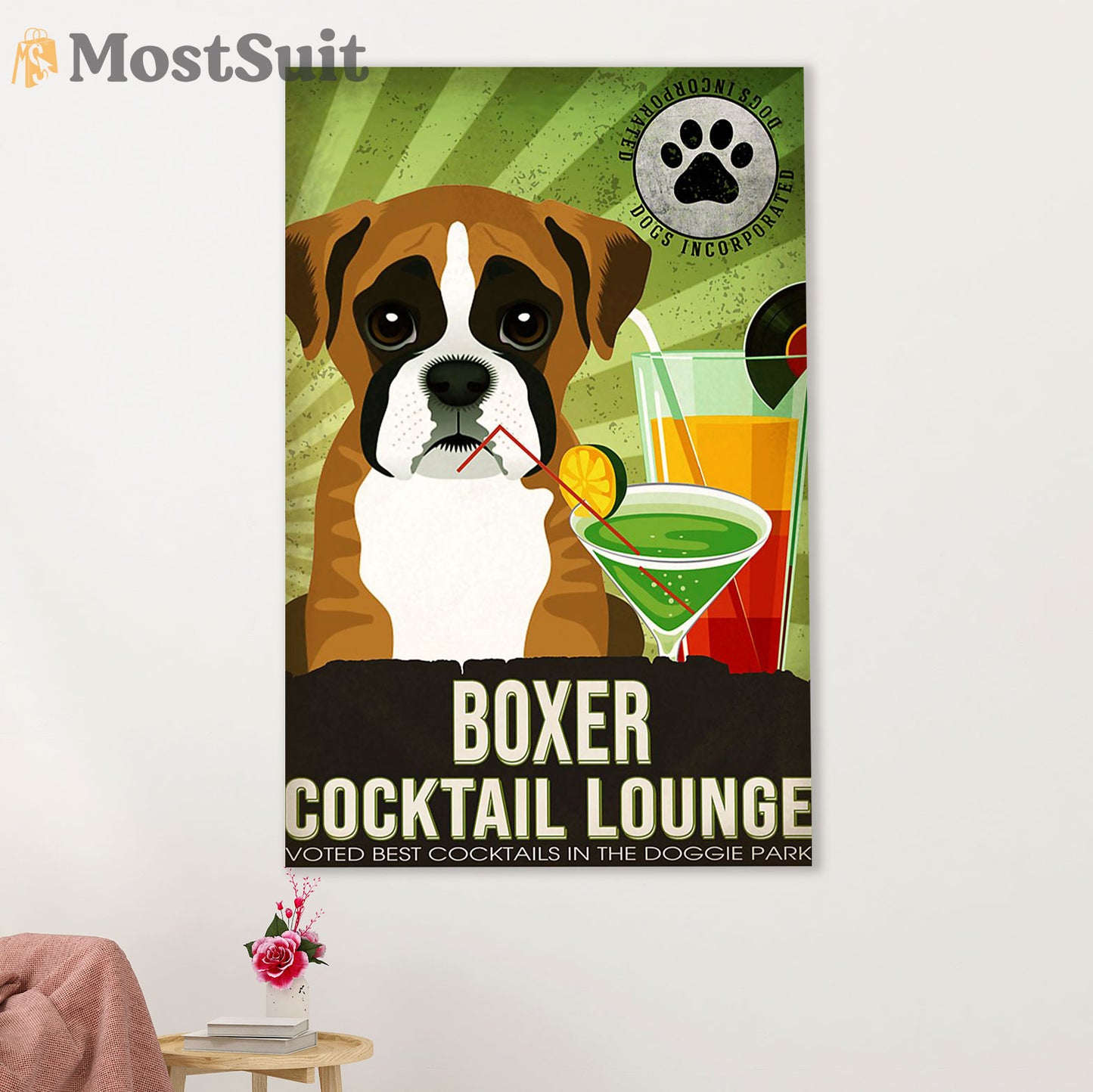 Funny Cute Boxer Poster | Cocktail Lounge | Wall Art Gift for Brindle Boxador Puppies Lover