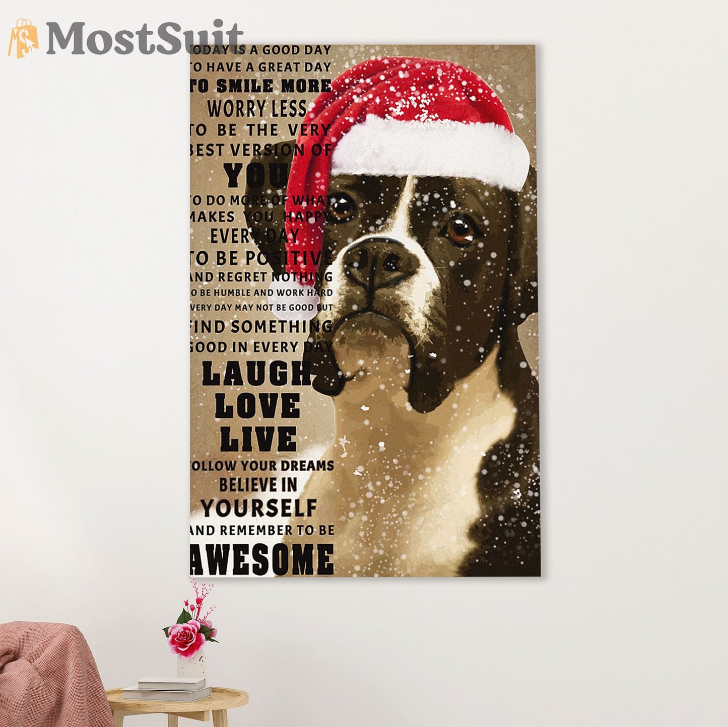 Funny Cute Boxer Poster | Christmas Dog | Wall Art Gift for Brindle Boxador Puppies Lover